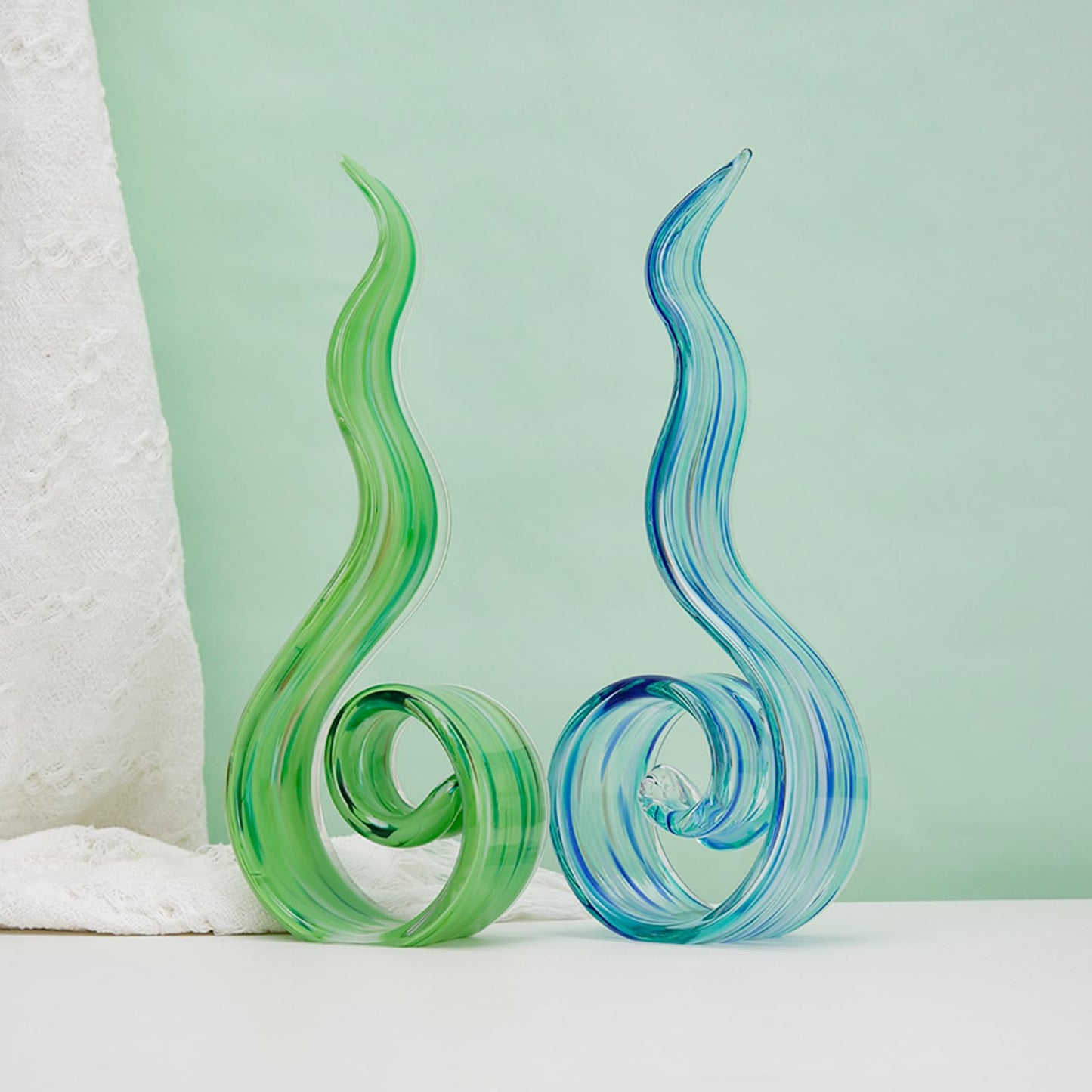 ORRFIDDY 11.4" Tall Hand Blown Glass Sculpture, Murano Style Art Glass Figurine, Modern Coastal Home Decor Accent for Shelf, Table, TV Stand, Living Room Decoration