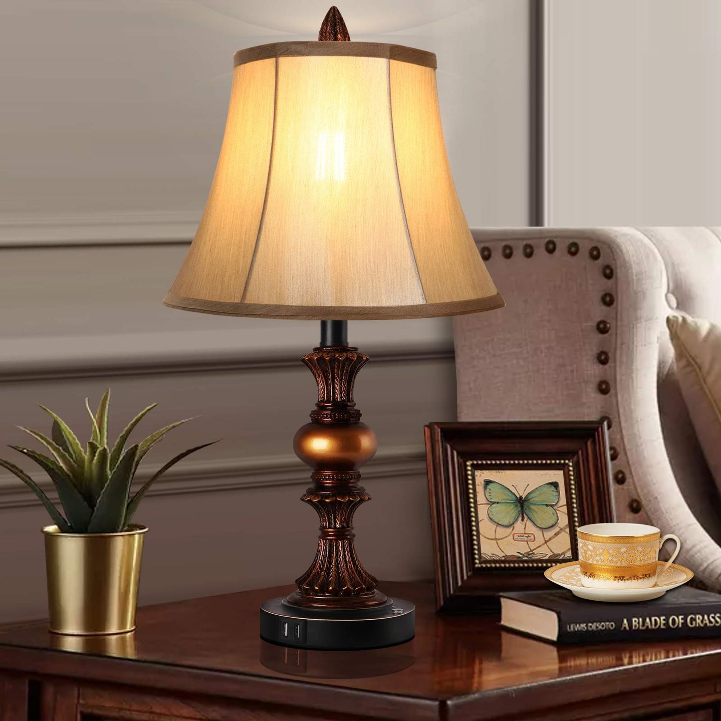 Touch Control Traditional Table Lamp Set of 2, Vintage Bedside Lamps with Dual USB Charging Ports, 3-Way Dimmable Bronze Finish Desk Lamps with Bell Shape Faux Silk Shade for Living Room, Bedroom