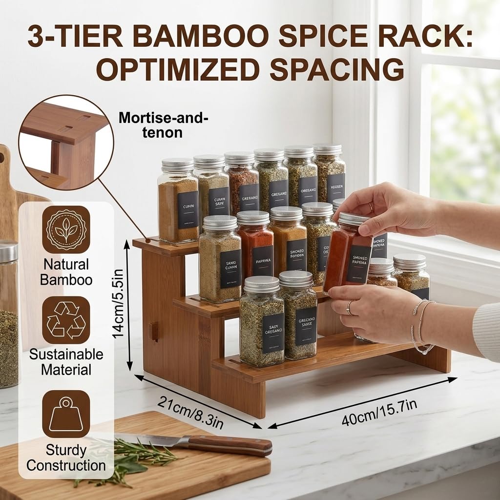 Pinkrin Bamboo Spice Rack Organizer for Cabinet, 3 Tier Wooden Tiered Spice Shelf for Countertop, Standing Kitchen Seasoning & Spice Jar Racks for Pantry, Inside Cabinets & Cupboard