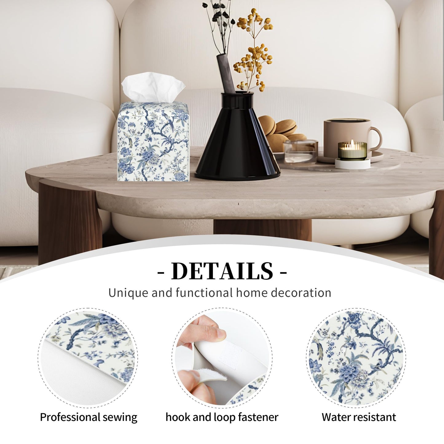 POIUBLE Blue Flower and Bird Tissue Box Cover Leather Tissue Box Holder Square Facial Paper Organizer Dispenser for Bathroom Kitchen Bedroom Vanity Countertop Night Stands