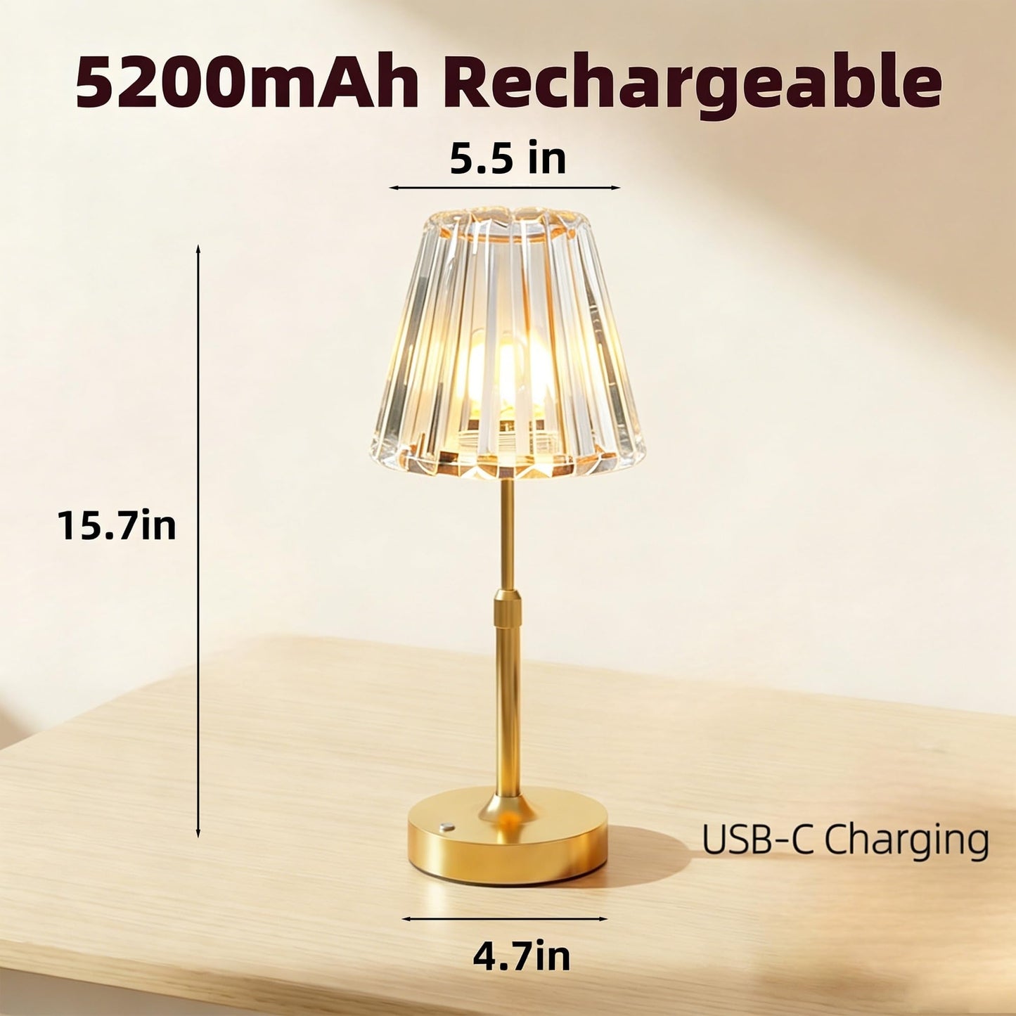 GDSZBYSM Gold Cordless Table Lamp, Rechargeable Battery Operated Lamp with 5200mAh & Stepless Dimming, Portable Crystal Glass Table Lamp for Living Room Bedroom Nightstand, Elegant Housewarming Gift
