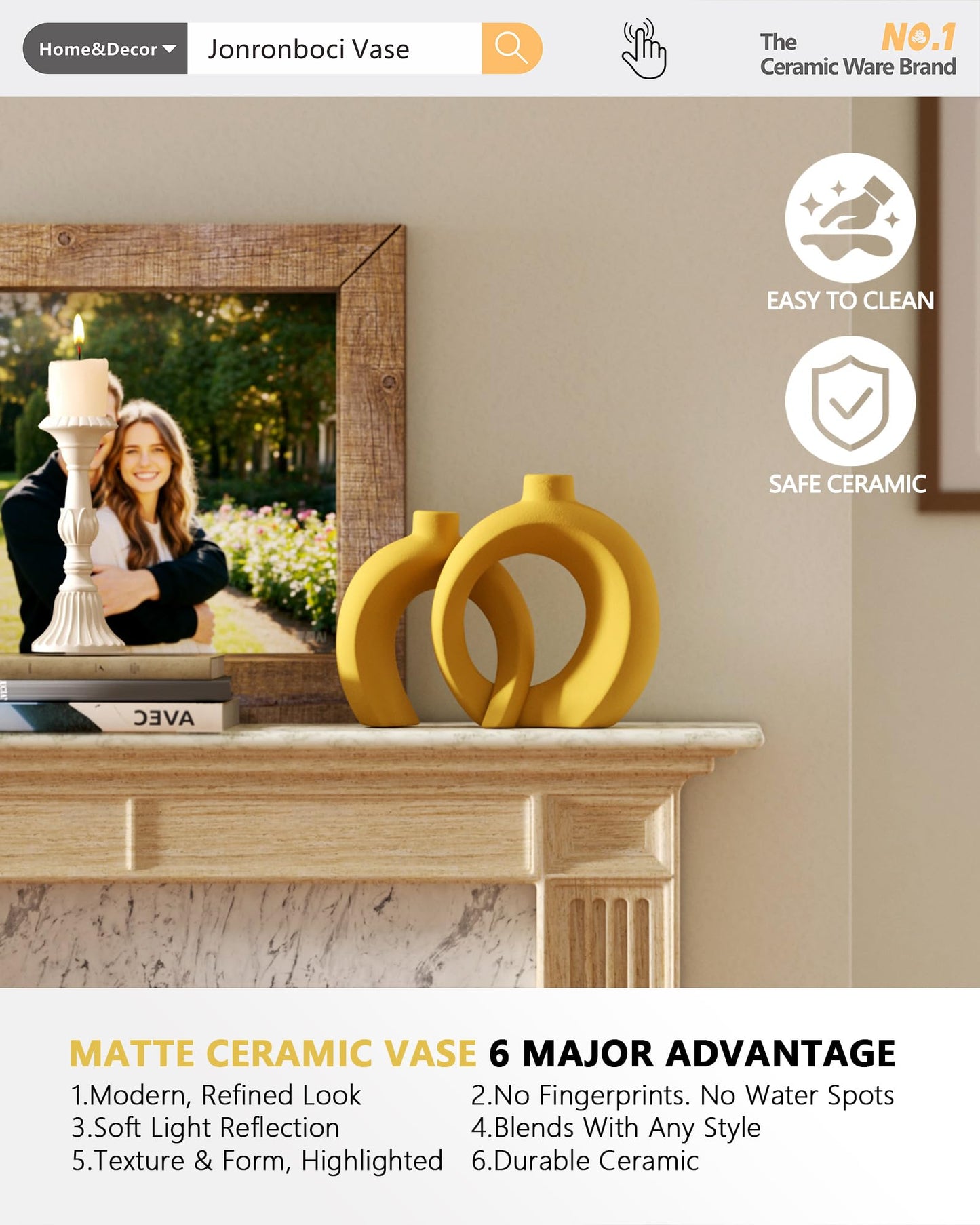 Set of 2 Yellow Ceramic Vases for Home Decor Accents - Unique Hollow Donut Artistic Design Mid-Century Modern Eclectic Style Decorative Vases for Shelf, Mantel, Entryway Table Decor (Matte Yellow)
