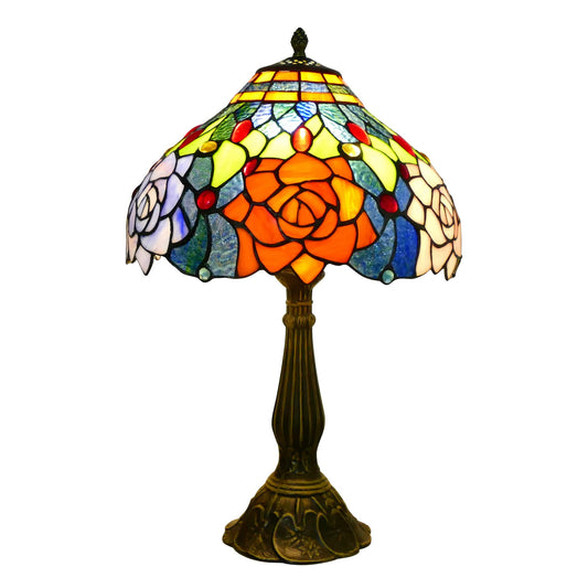 Tiffany Table Lamp Stained Glass Peony Flower Style Table Light, 12" Wide 19" Tall Handmade Bedside Table Night Lamp, Antique Art Craft Gifts for Living Room Bedroom Study Bookcase Desk Light