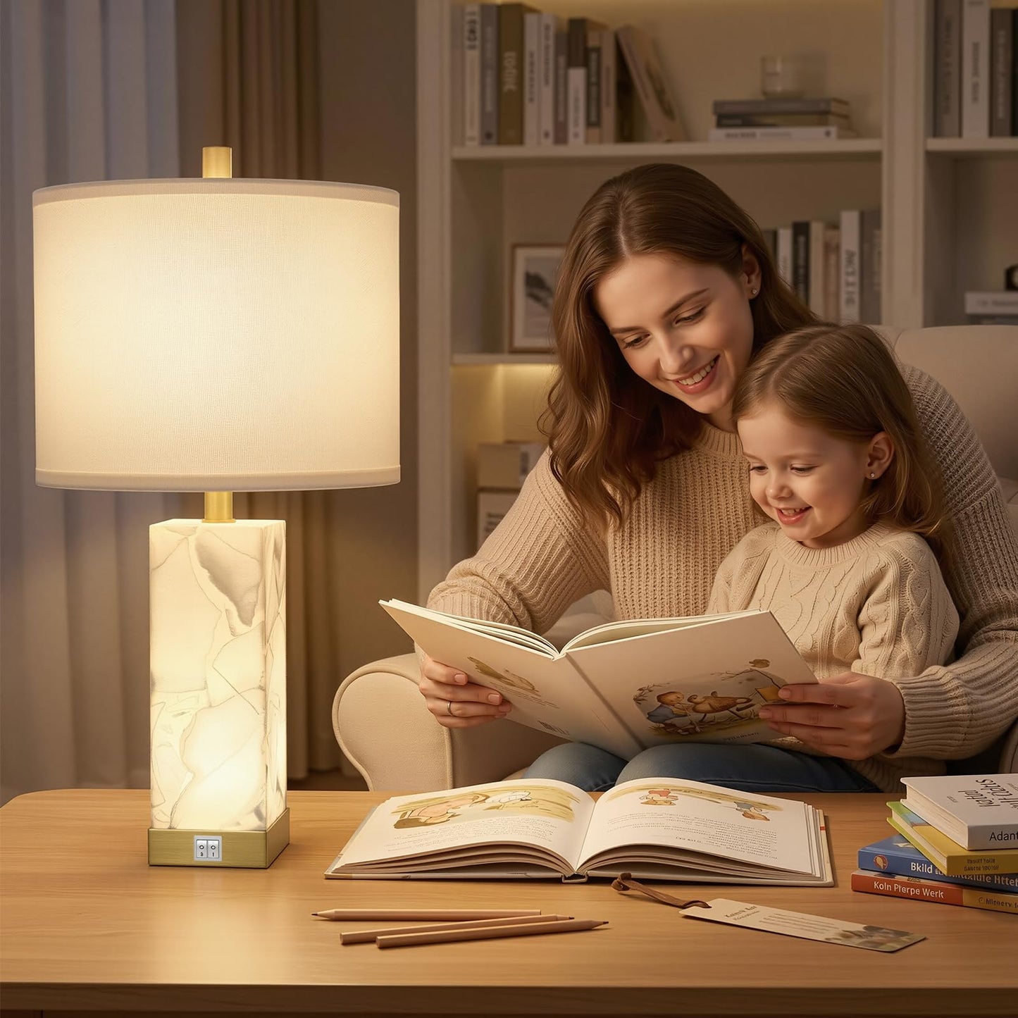 Scenekoy 23" Alabaster Table Lamps Set of 2 for Living Room Bedroom, Bedside Lamps with USB A+C Ports, Modern Table Lamp with Linen Shade for Living Room Bedroom Nightstand (Bulbs Included)