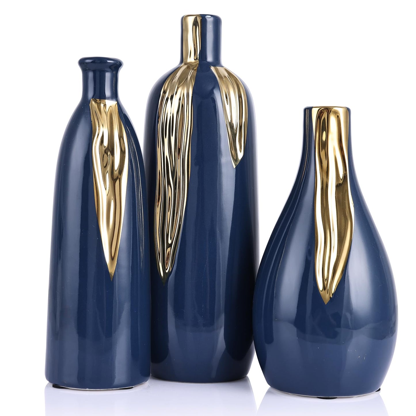 Blue and Gold Vase Set of 3, Modern Ceramic Decorative Vases for Living Room, Bedroom, Art Decor, Mantle, Home Event Decor, Office Decorative, Weddings, Rustic & Farmhouse (Blue Gold)