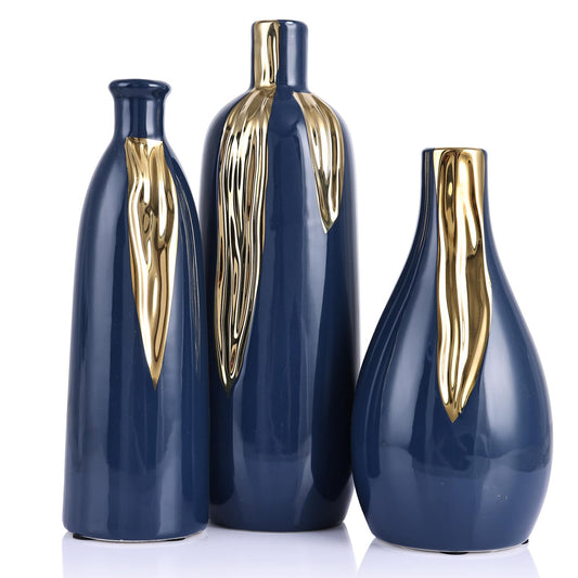 Blue and Gold Vase Set of 3, Modern Ceramic Decorative Vases for Living Room, Bedroom, Art Decor, Mantle, Home Event Decor, Office Decorative, Weddings, Rustic & Farmhouse (Blue Gold)