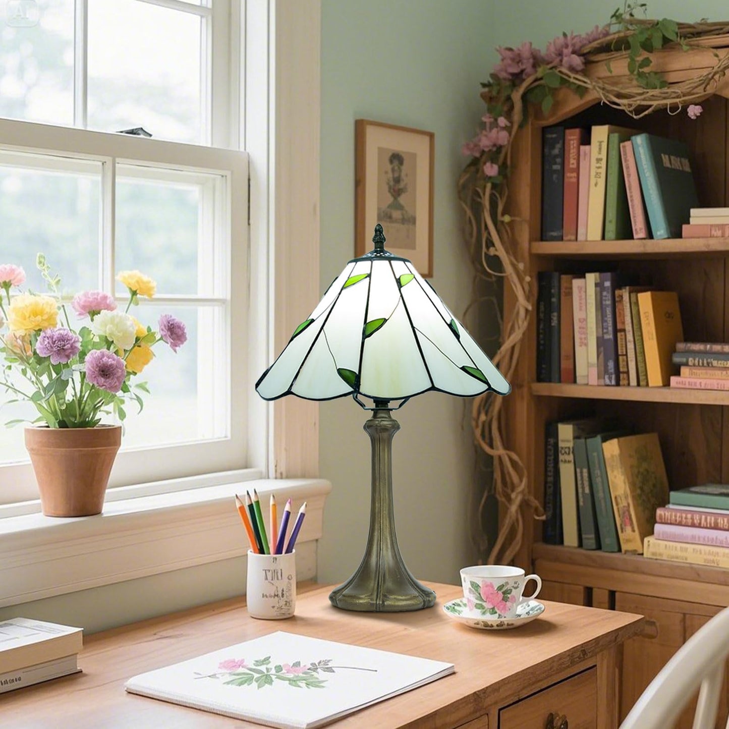 Ppbmocw Tiffany Style Table Lamp, Small Stained Glass Lamp for Bedside, Bedroom, Nightstand, Living Room, 12 Inch Mini Vintage Light Included E26 Bulbs with Remote Control (White with Leaves)