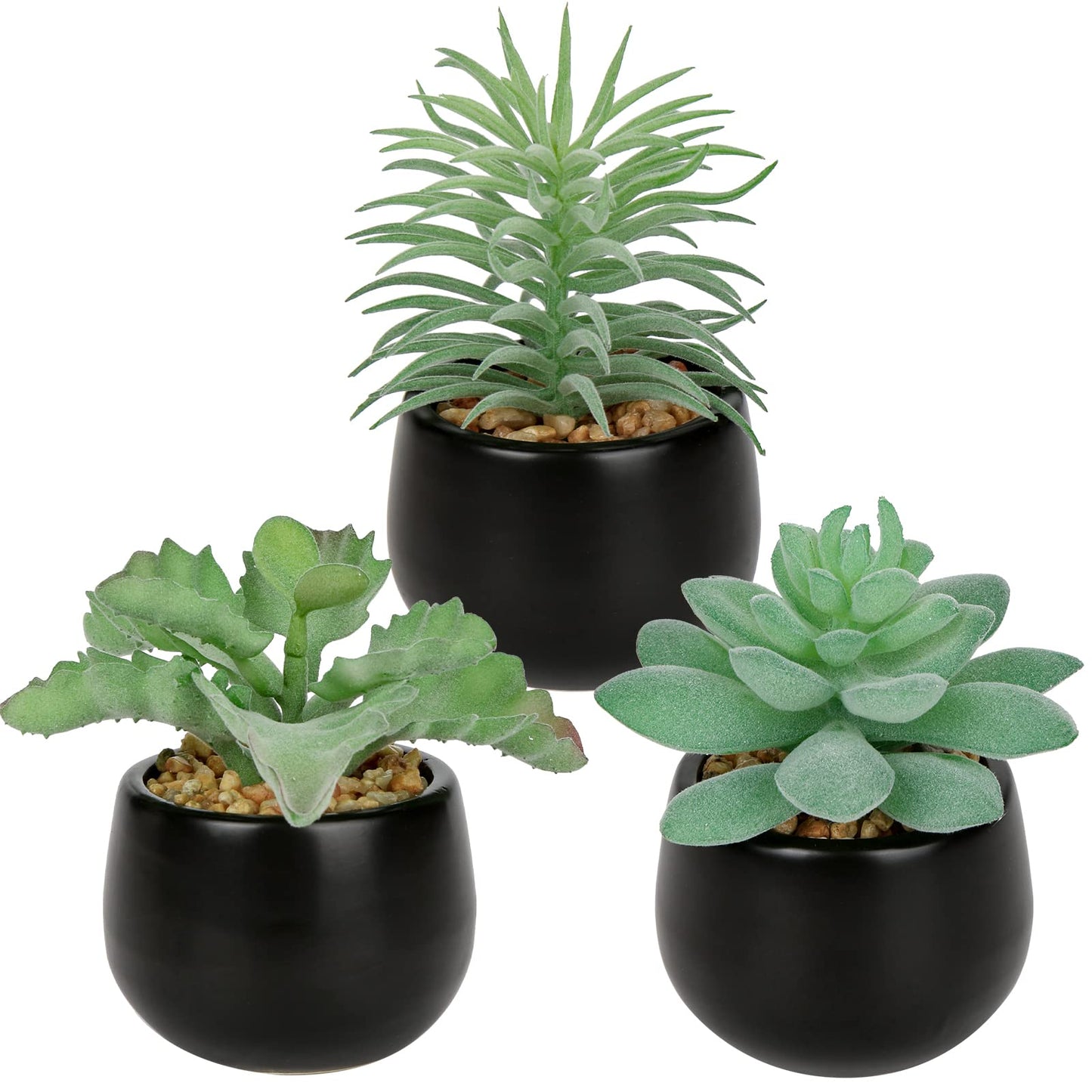 Briful 3PCS Artificial Succulents Fake Plants Mini Succulents Potted in Black Ceramic Pots Artificial Plastic Plants for Home Office Desk Farmhouse Bathroom Décor