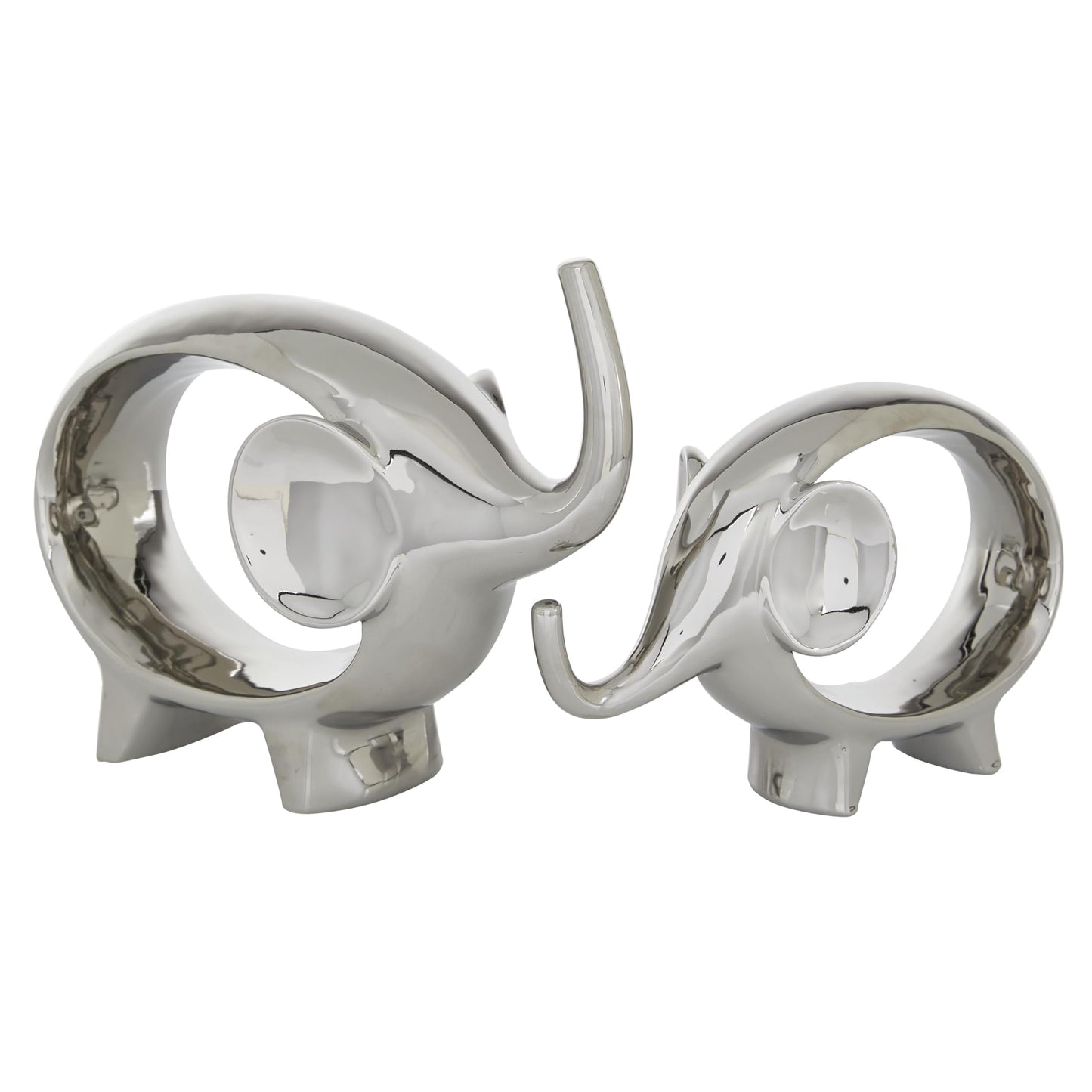 Deco 79 Porcelain Ceramic Elephant Decorative Sculpture Home Decor Statues, Set of 2 Accent Figurines 7", 9"H, Silver