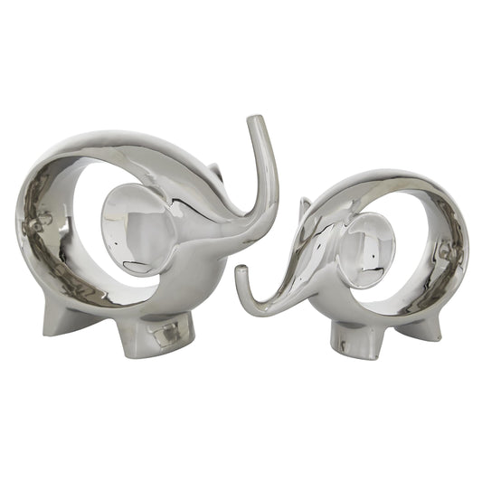 Deco 79 Porcelain Ceramic Elephant Decorative Sculpture Home Decor Statues, Set of 2 Accent Figurines 7", 9"H, Silver