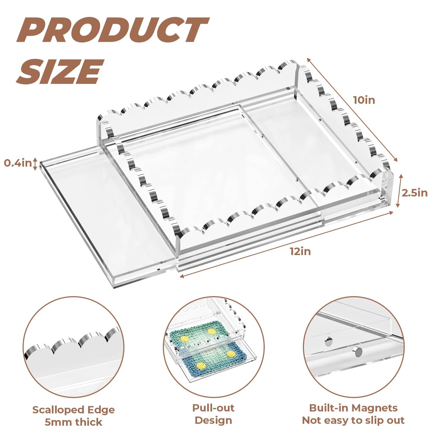 Scalloped Acrylic Tray for Needlepoint, 10" x 12" Clear Acrylic Display Tray with Slide Out Drawer for Insert Photos, Art, Fabric, Acrylic Organizer Decorative Tray for Home Decor