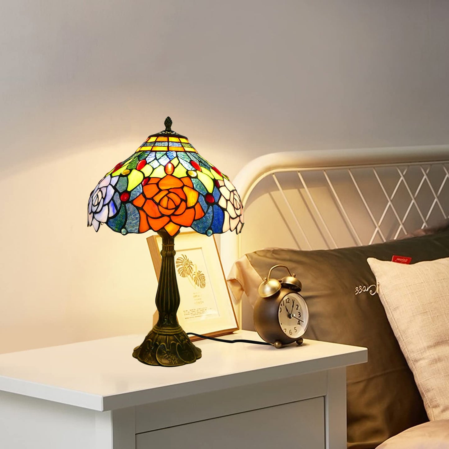 Tiffany Table Lamp Stained Glass Peony Flower Style Table Light, 12" Wide 19" Tall Handmade Bedside Table Night Lamp, Antique Art Craft Gifts for Living Room Bedroom Study Bookcase Desk Light
