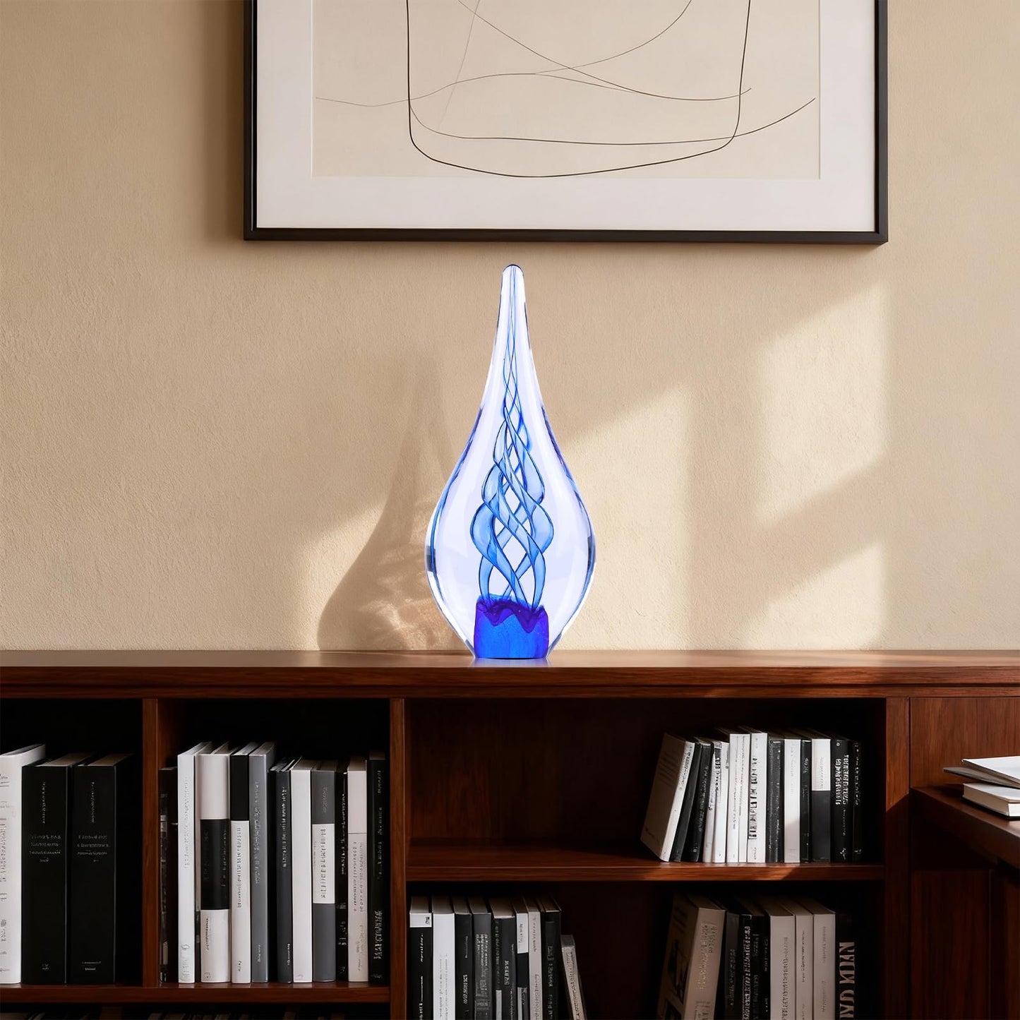9" Tall Sculpture Hand Blown Glass Decor, Paperweight for Office Desk, Modern Glass Art Figurines Mediterranean Beach House Decor, Living Room Coffee Shelves Table Top Decoration (Swirl Blue)
