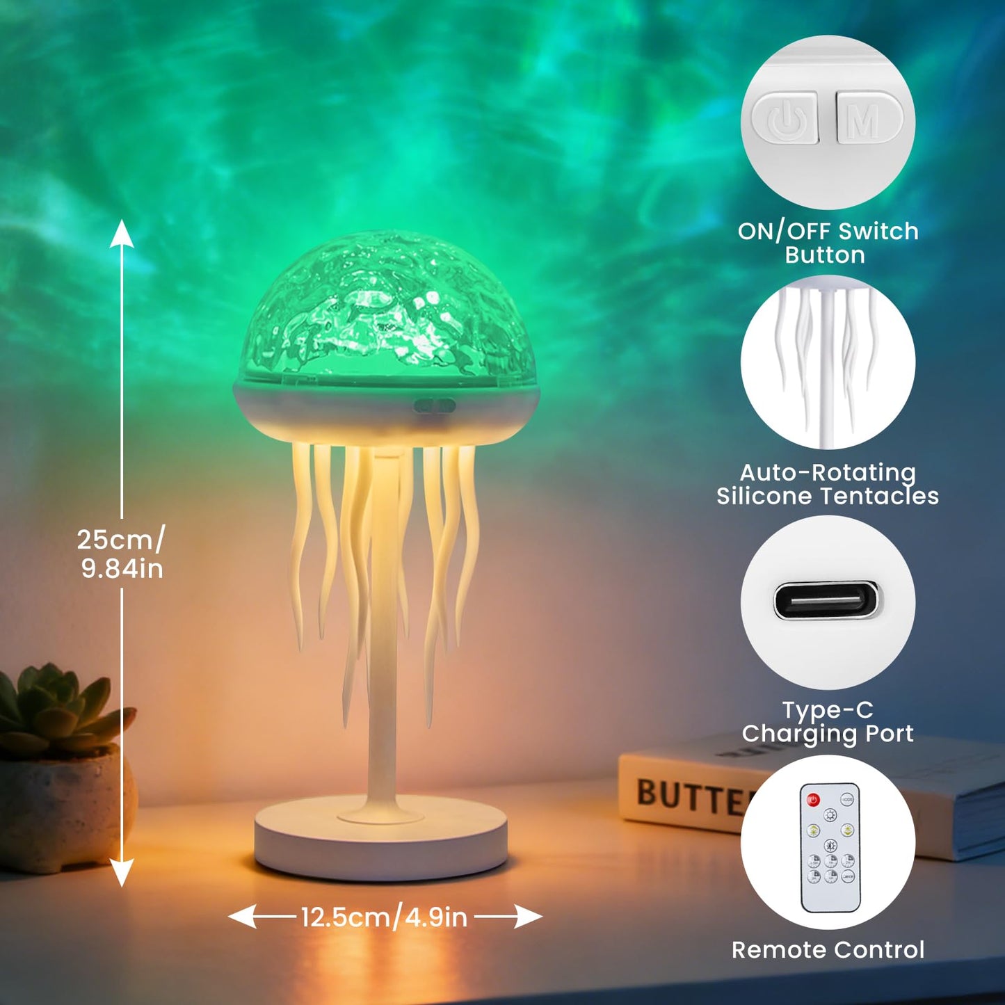 YzzYzz Jellyfish Lamp with Ocean Wave Projector Light, 2-in-1 Rechargeable Night Light with Remote, 3D Water Ripple Color Changing Lamp for Bedroom, Kids Room