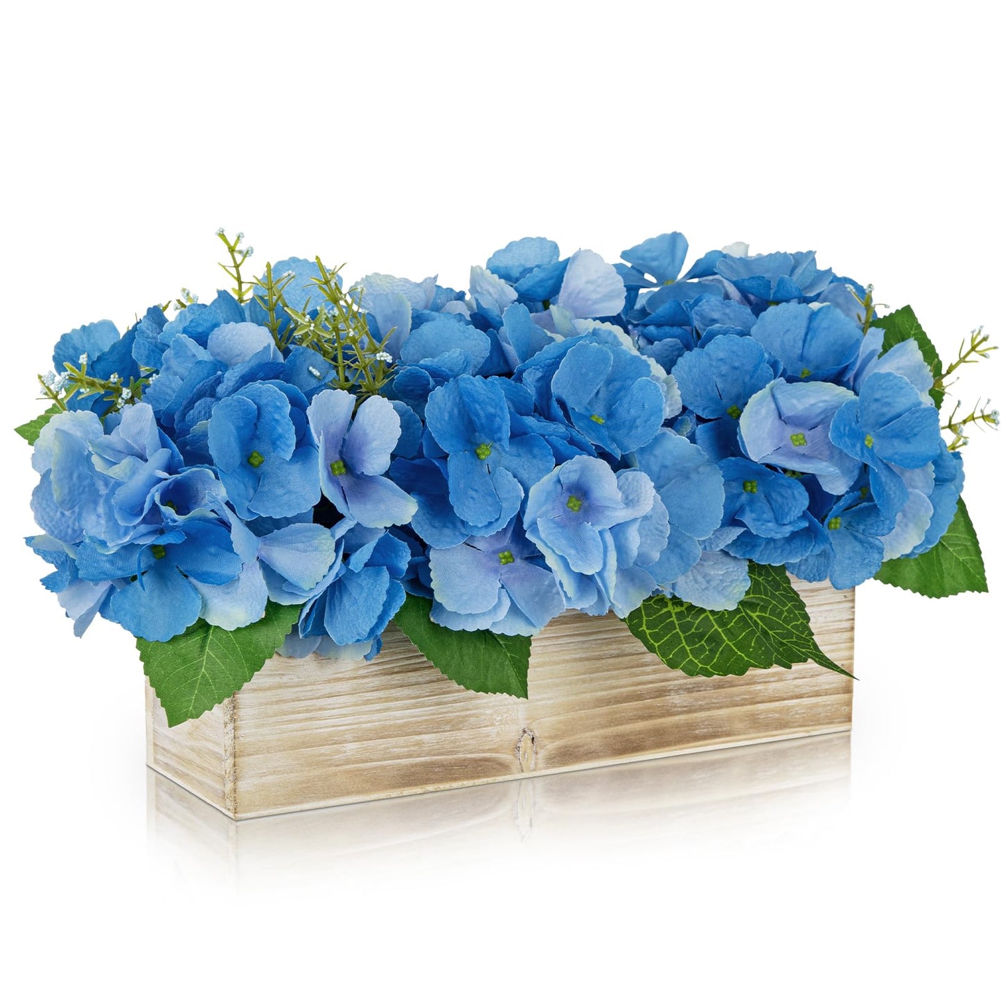 Blue Hydrangea Artificial Flowers Arrangement in Wooden Planter Pot, Fake Hydrangea Flowers with Rectangular Box Vase, Silk Floral Centerpiece for Dining Room, Coffee Table, Kitchen, Windowsill Decor