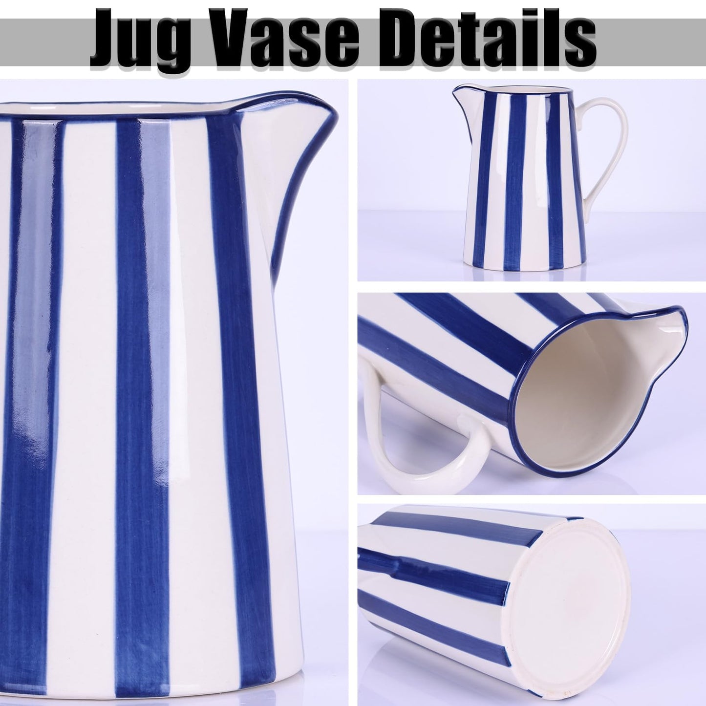 oliruim Ceramic Blue and White Pitcher Vase with Handle, Hand Painted Farmhouse Boho Pottery Jug for Decor Table Centerpiece, Kitchen, Home Desktop Decor Vase (Stripes)