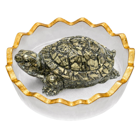 Amazing Gemstone Natural Pyrite Crystal Tortoise with Selenite Bowl | Feng Shui Turtle for Good Luck, Wealth & Positive Energy | Spiritual Home Decor Gift for Office & Meditation