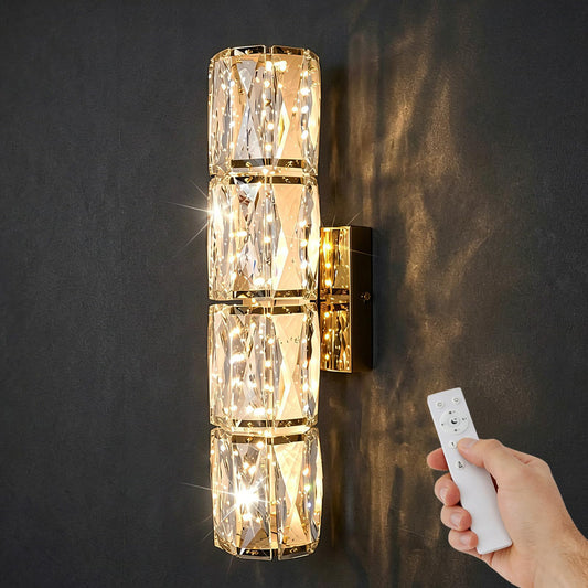 passong Gold Crystal Wall Sconces, Dimmable LED Wall Light Fixtures with Remote, Modern Luxury K9 Crystal Vanity Lighting for Bedroom Bathroom Living Room Hallway Stairway, Hardwired 3000K-6000K