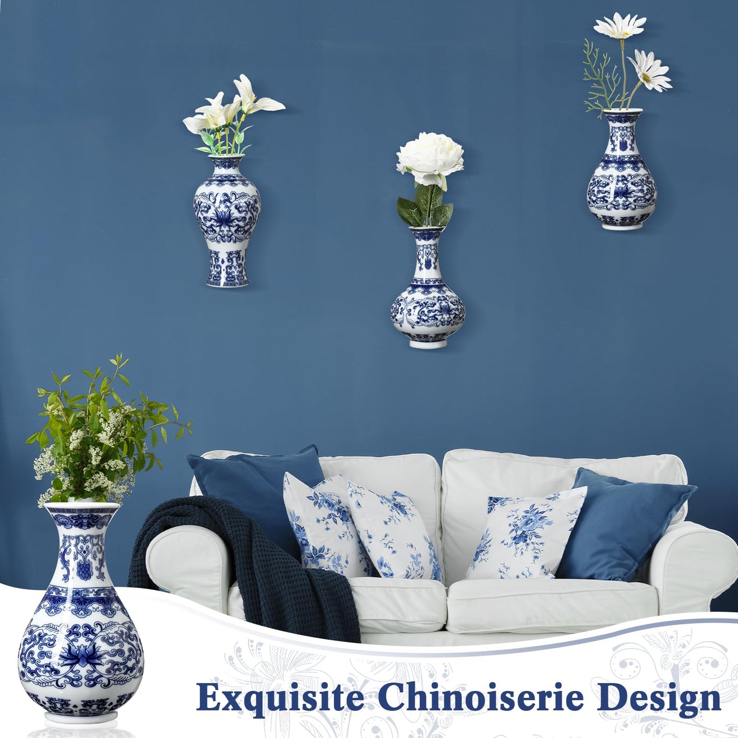 Set of 3 Small Blue and White Chinoiserie Vases Wall Mounted Decorative Ceramic Flower Vases 5.3 Inch 5.7 Inch Classic Vase for Home Decor
