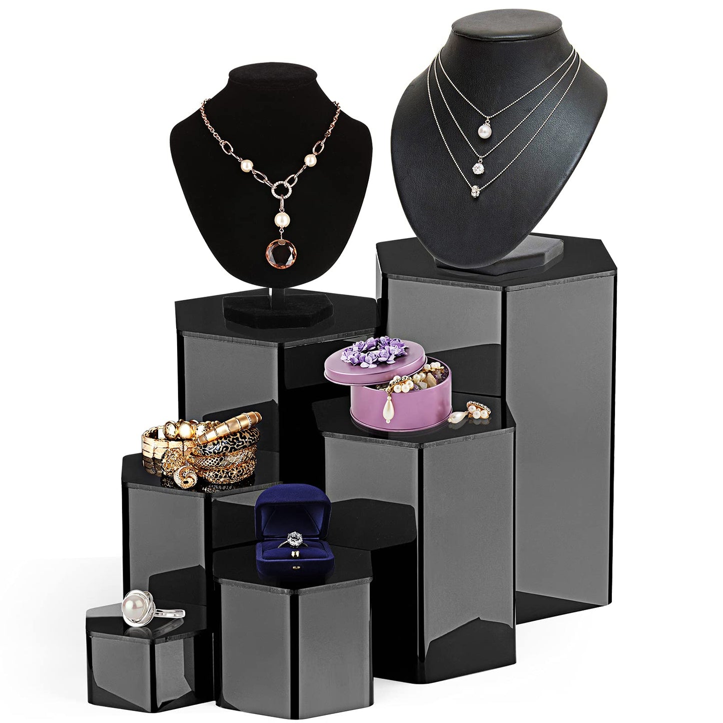 Jetec 6 Pcs Hexagonal Jewelry Display Risers Hexagonal Market Display Risers Stands Acrylic Showcase Acrylic Stand for Jewelry Model Figures Decoration, 6 Sizes (Black)