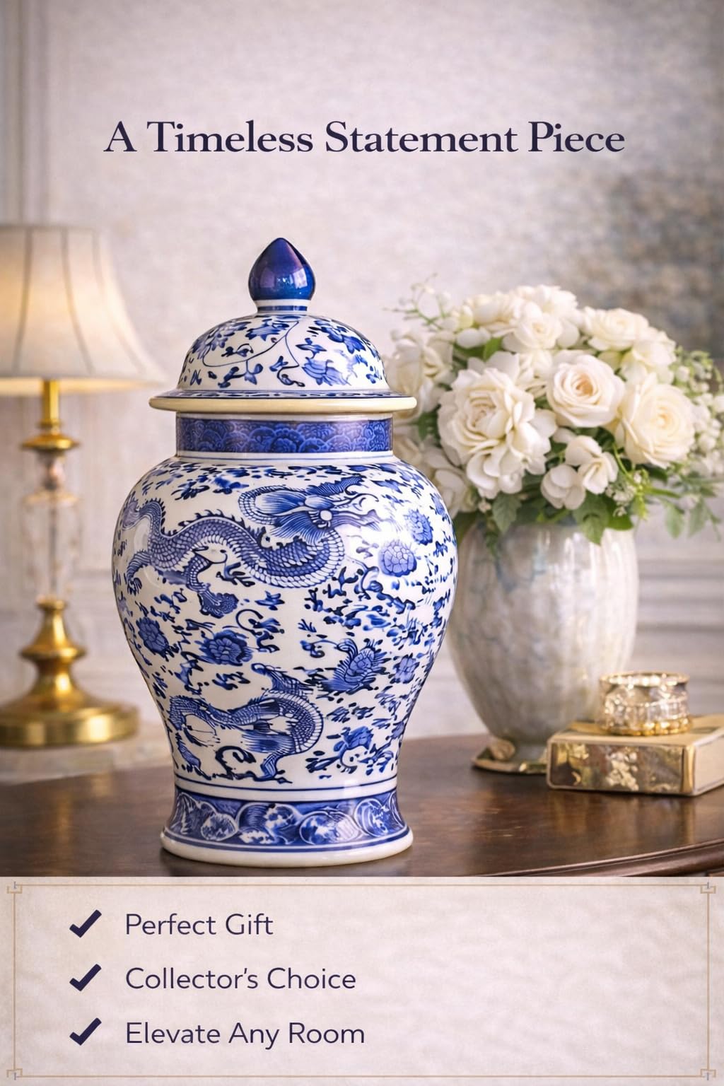 20" Classic Blue and White Floral Porcelain Ceramic Temple Ginger Jar Vase, Large China Qing Style (Dragon1)