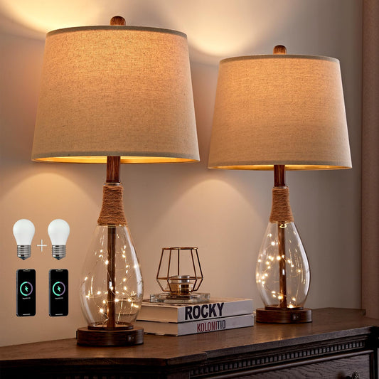 OYEARS Bedside Table Lamps Set of 2 with USB, Modern Bedside Lamps Retro Farmhouse Rattan Glass Nightstand Nightlight Lamps for Bedroom Living Room Dorm,Two Light Points