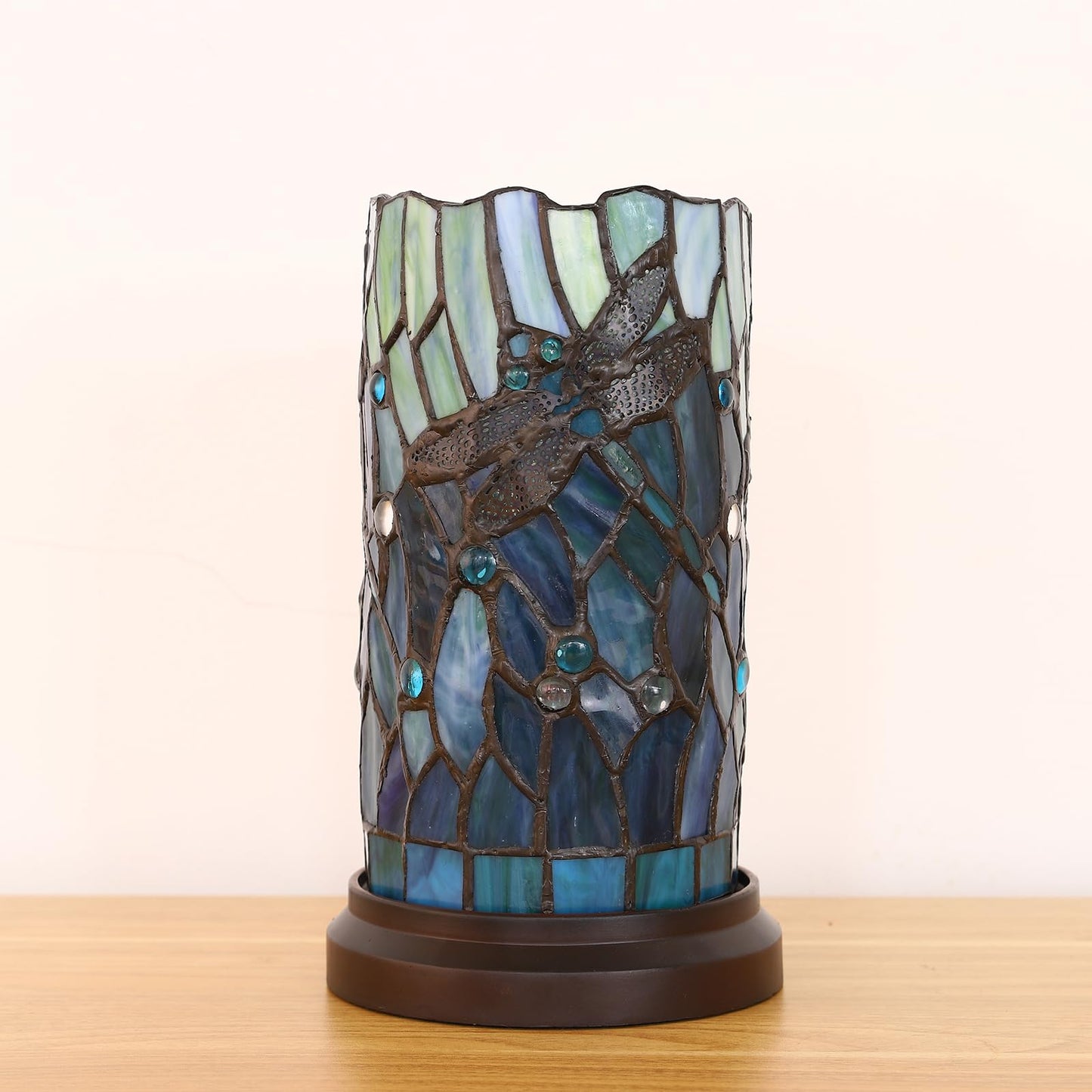 KALOUFUL Tiffany Style Table Lamp for Bedroom Baroque Stained Glass Nightstand Bedside Night Lamp Party Light Hand-Made Art Home Deco Christmas Gifts W/ 2 LED Bulbs (3 Color Temperatures+Flame Bulb)