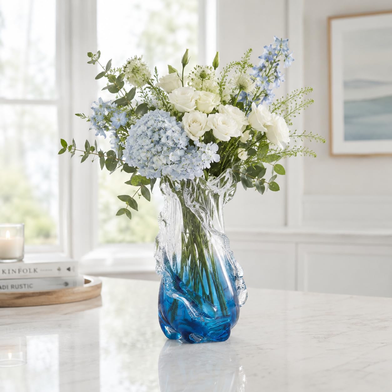 Hand Blown Blue Glass Vase, Sea Glass Ombre Wavy Coastal Vase, Murano Style Decorative Glass Vase for Home Centerpiece, Coffee Table, Living Room & Office Decor (Medium)