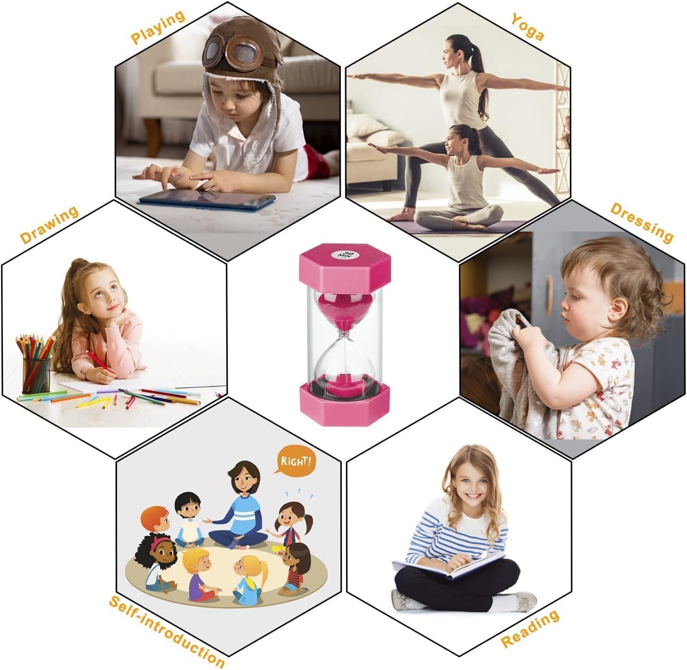 UrbAmerican 5 PCS Hourglass Kids Hourglass Timer Hourglass Set Colorful Sand Clock Kitchen Timer Time Management Includes 1 Minute, 3, 5, 10, and 30 Minutes, Different
