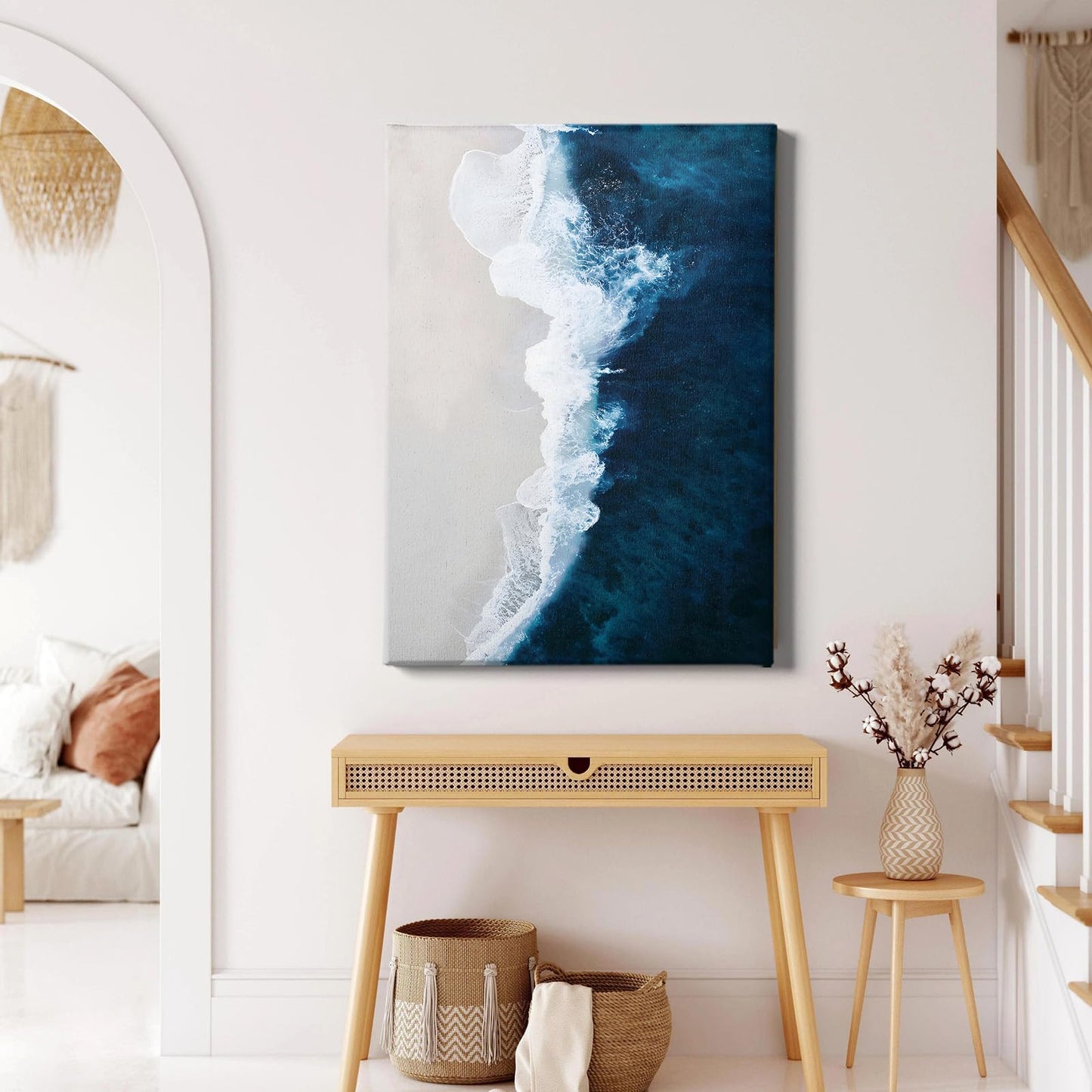 Ocean Wave Canvas Wall Art Navy Blue Ocean Pictures Beach Scene Painting Modern Coastal Prints Nature Ocean Wall Art Blue Ocean Paintings Ocean Landscape Poster for Living Room 16x24in with Frame