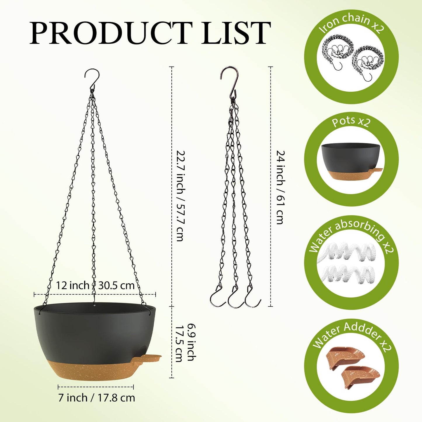 SQKH 12 Inch Hanging Baskets 2 PC with Chains, Self-Watering Hanging Planters for Indoor Outdoor Plants, Plastic Hanging Flower Pots,Black Brown