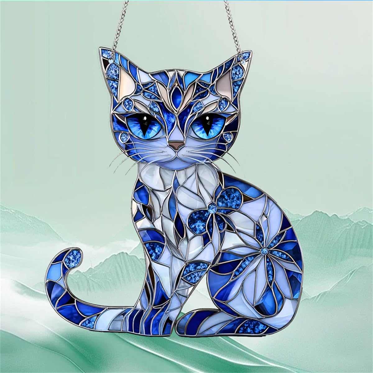 Cat Decor Stained Glass Window Hanging Suncatcher Gift for Mom Women，Blue Cat Suncatcher for Window，Cat Decor Wall Art for Kitchen Livingroom Office