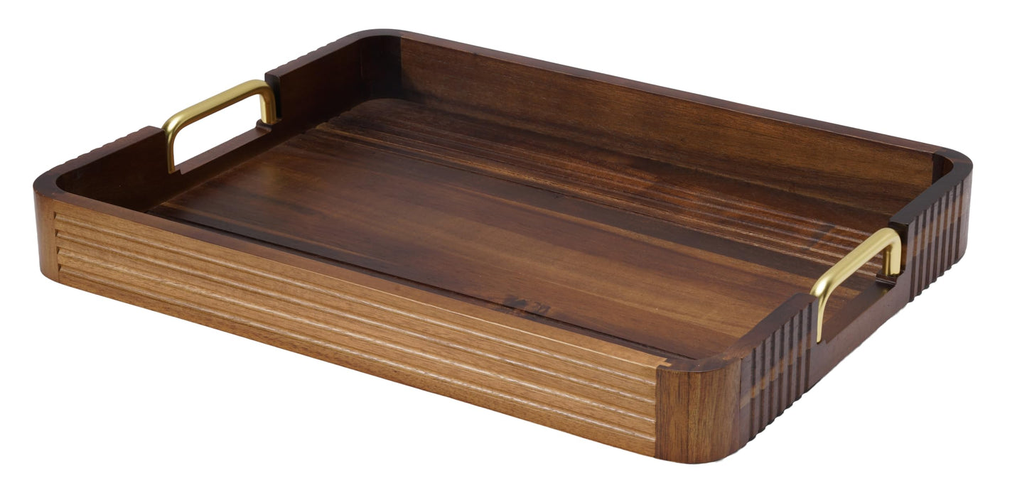 Acacia Wood Serving Tray with Metal Handles, 17x13in, Decorative Coffee Table Tray & Ottoman Tray, Anti-Slip Pads, Dark Wood Tray for Breakfast in Bed, Bar Tray, Gift Box