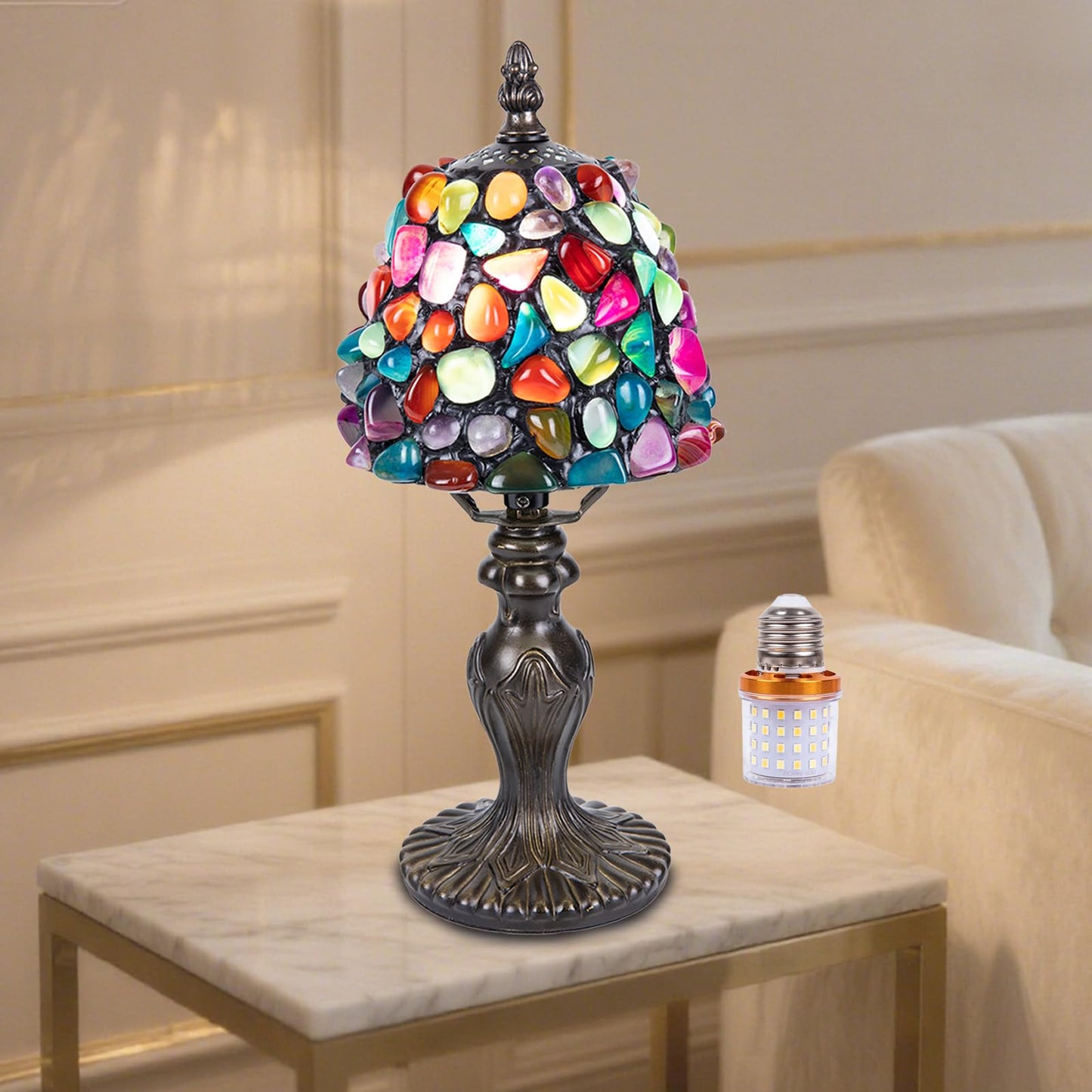 Nizrsky Small Tiffany Table Lamp, 3 Color-Temperature Agate Amber Stained Glass Lamp,6 Inch Tiffany Style Lamp for Bedroom Living Room Home, Handcrafted Light, Included Bulb