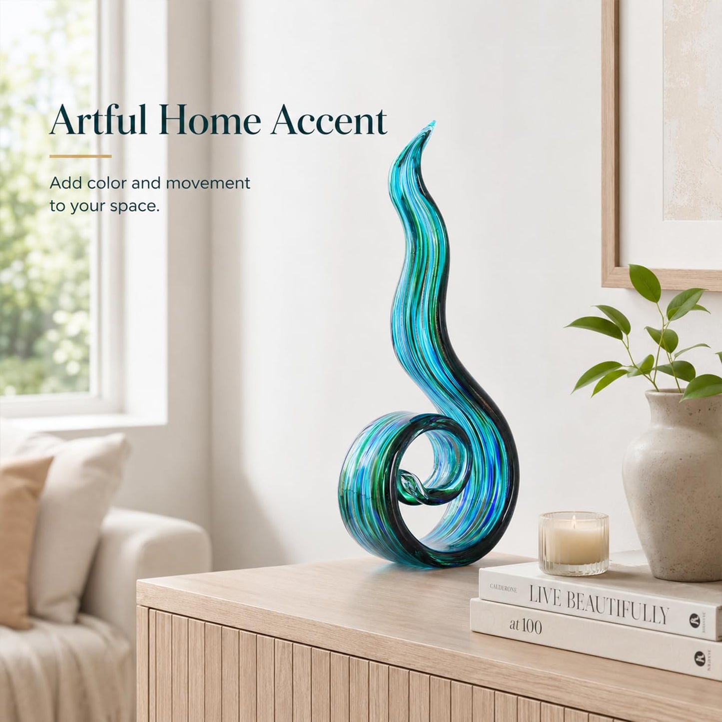 LCCCK 11.4in H Large Table Statue, Teal Hand Blown Glass Sculptures for Coastal Home Decor, Abstract Wave Statue and Tabletop Centerpiece for Entryway Shelf Mantel Office Display, Modern Art Accent
