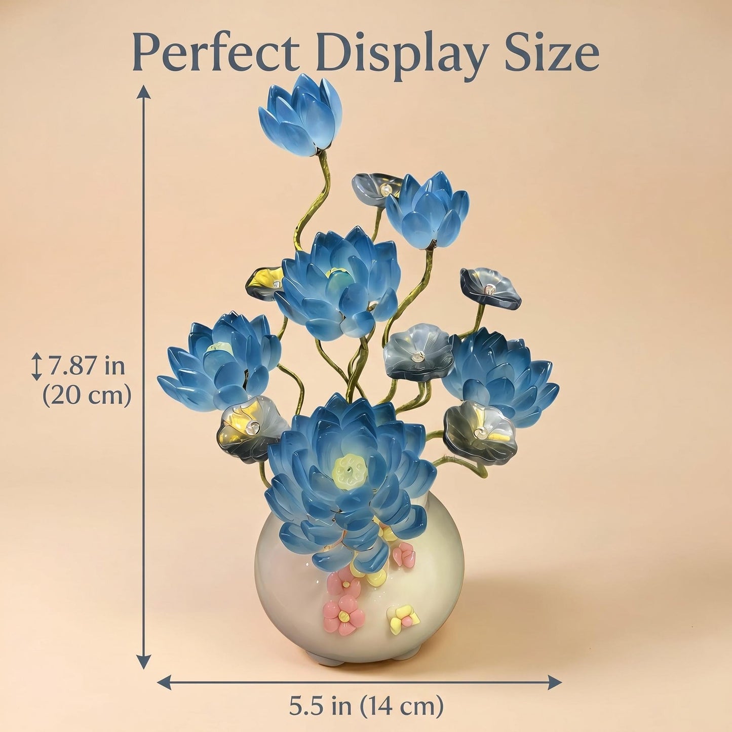Handmade Art Glass Lotus Flower Arrangement in Vase, Blue Glass Floral Sculpture, Elegant Home Decor Accent, Decorative Centerpiece Gift for Mom, Women, Housewarming (Sapphire Blue)