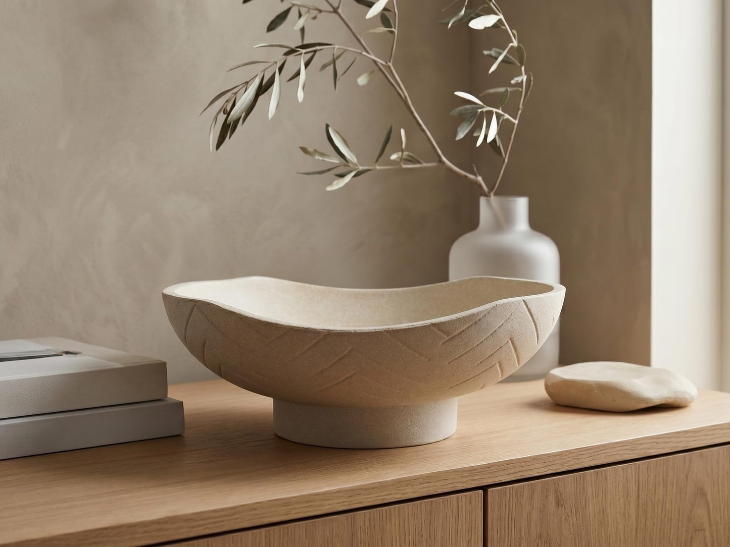 GLIMSDEER Minimalist Decorative Pedestal Bowl, 11.2''D Resin Wavy Catch All Bowl for Keys, Candles, Boho Large Dish for Coffee Table Centerpiece, Entryway Console Table, Beige White