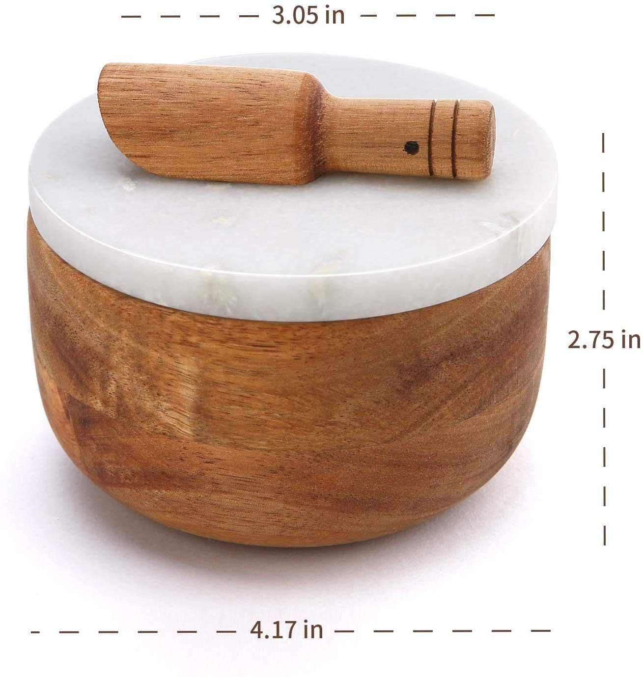 Large Acacia Wood Seasonings Condiments Pinch Bowl Spice and Spoon Salt Cellar Box Storage Jar White Marble Lid