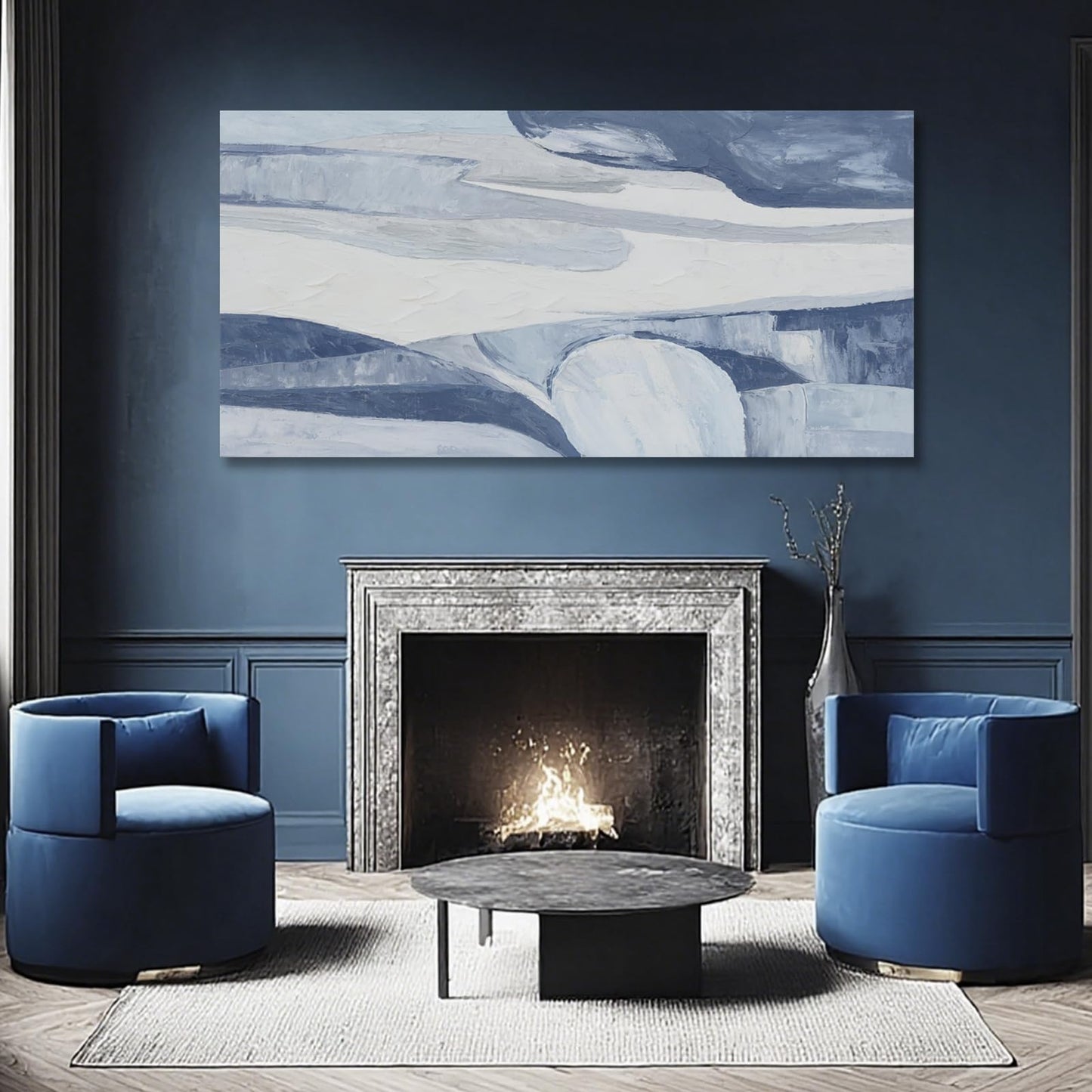 Hue7Art Abstract Blue and White Canvas Wall Art Contemporary Minimalist Landscape Artwork with Flowing Lines for Living Room Bedroom Office Entryway Wall Decor 29x58 Inch