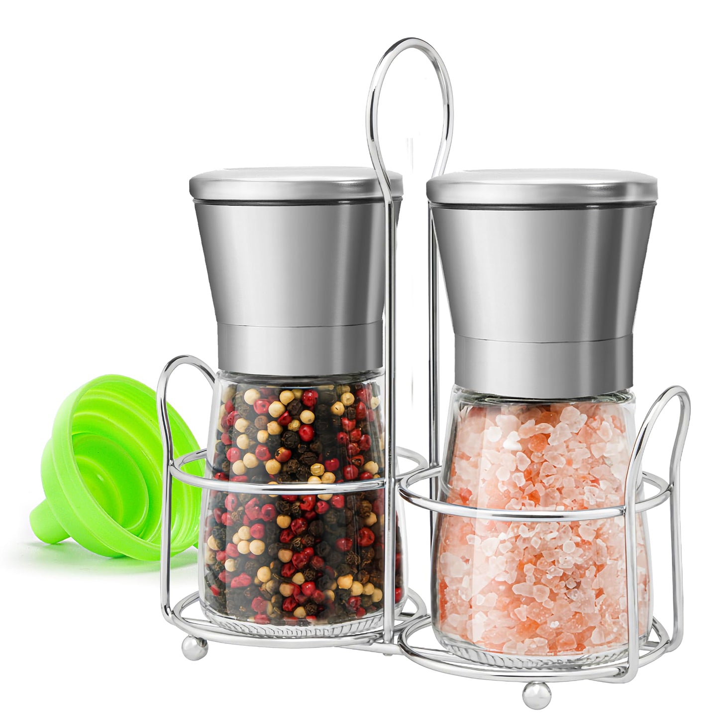 M JINGMEI Stainless Steel Salt and Pepper Grinder Set - Short Glass Shaker, Pepper Mill & Salt Mill with Adjustable Coarseness, Refillable for Himalayan or Sea Salt, Black Peppercorn, with Bonus Stand