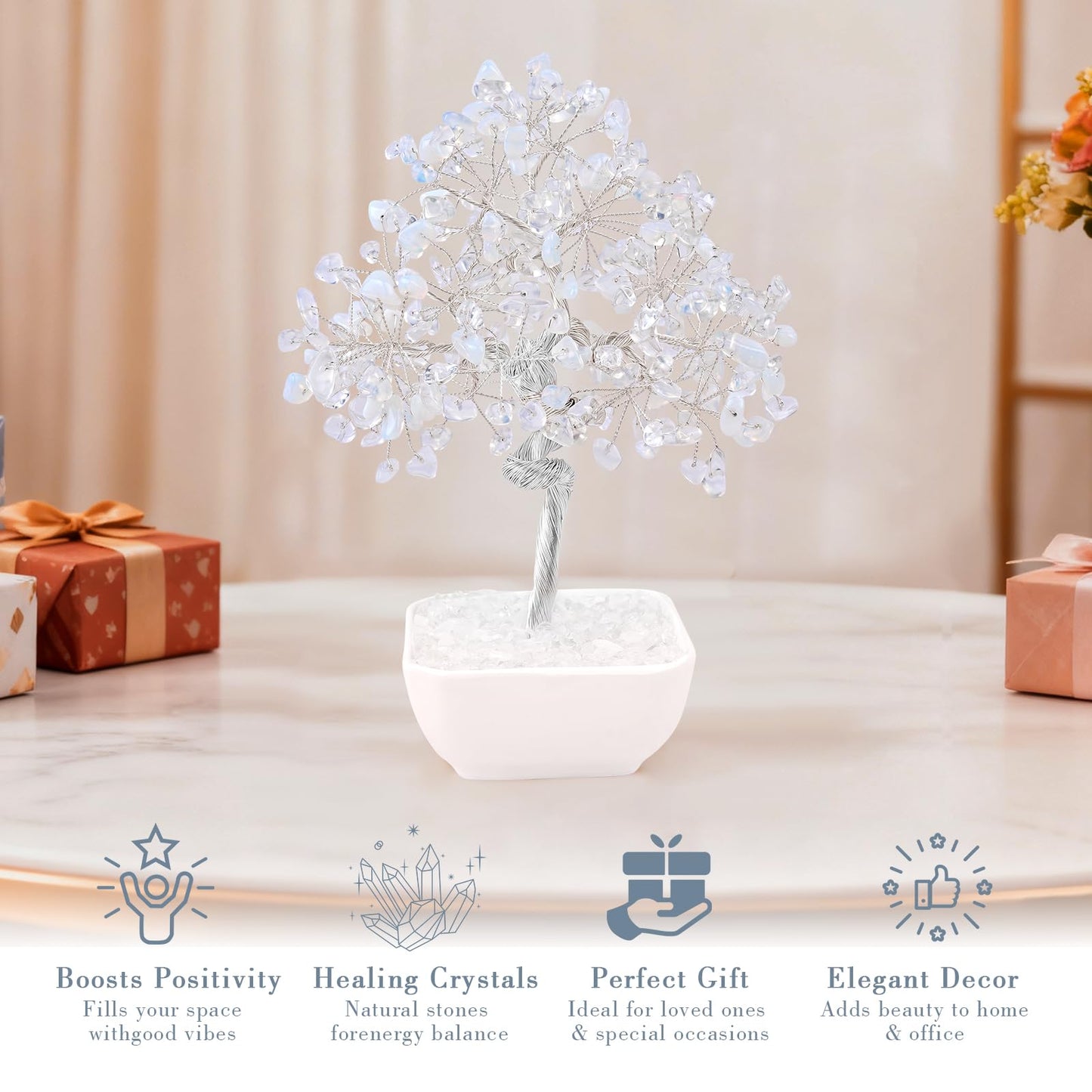 Clear Quartz Crystal Tree of Life – 7 Inch Master Healer for Energy Amplifying, Feng Shui Desk Decor with 243 Natural Gemstones – Handcrafted Silver Wire Gift Box for Meditation Spiritual Home Office