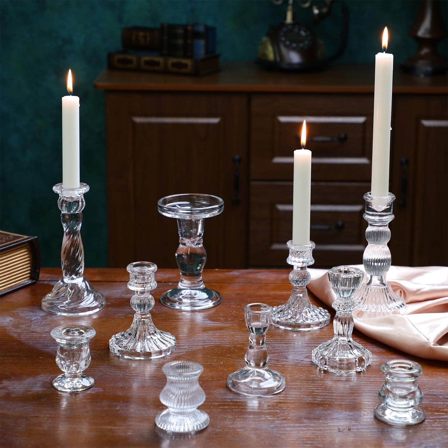 Mumufy 30 Pcs Glass Crystal Taper Candle Holders Clear Glass Candlestick Holder Fit 0.8 Inch Candles Crystal Decorative Candle Stand Centerpiece Table Wedding Dining Party(Clear)