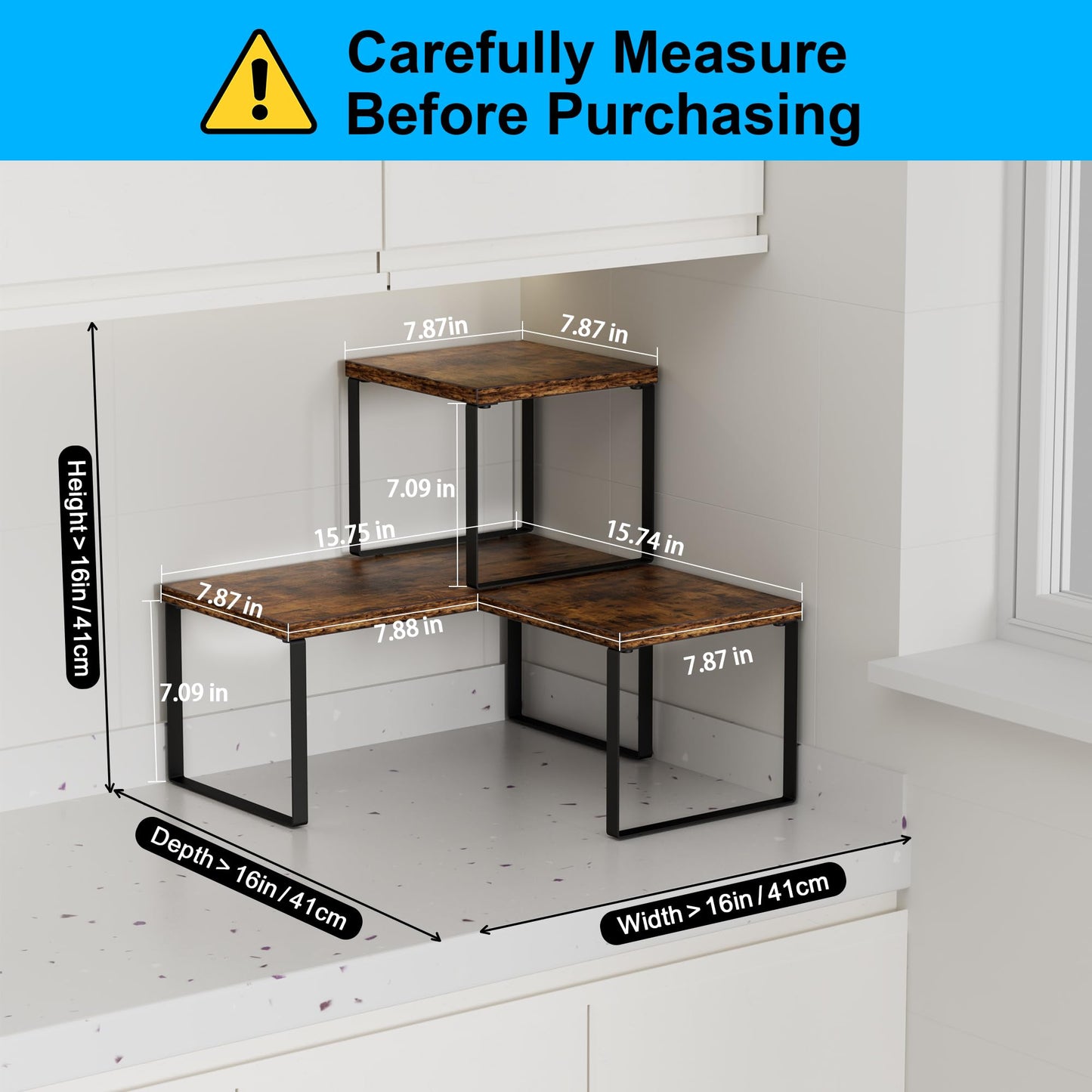Golener Countertop Organizer Corner Shelf, 2 Tier Adjustable Stackable Corner Shelves for Kitchen, Bathroom, Spice Rack, Coffee Area, Cabinet, Dresser Table, Corner Counter Shelf Stand, Rustic Brown