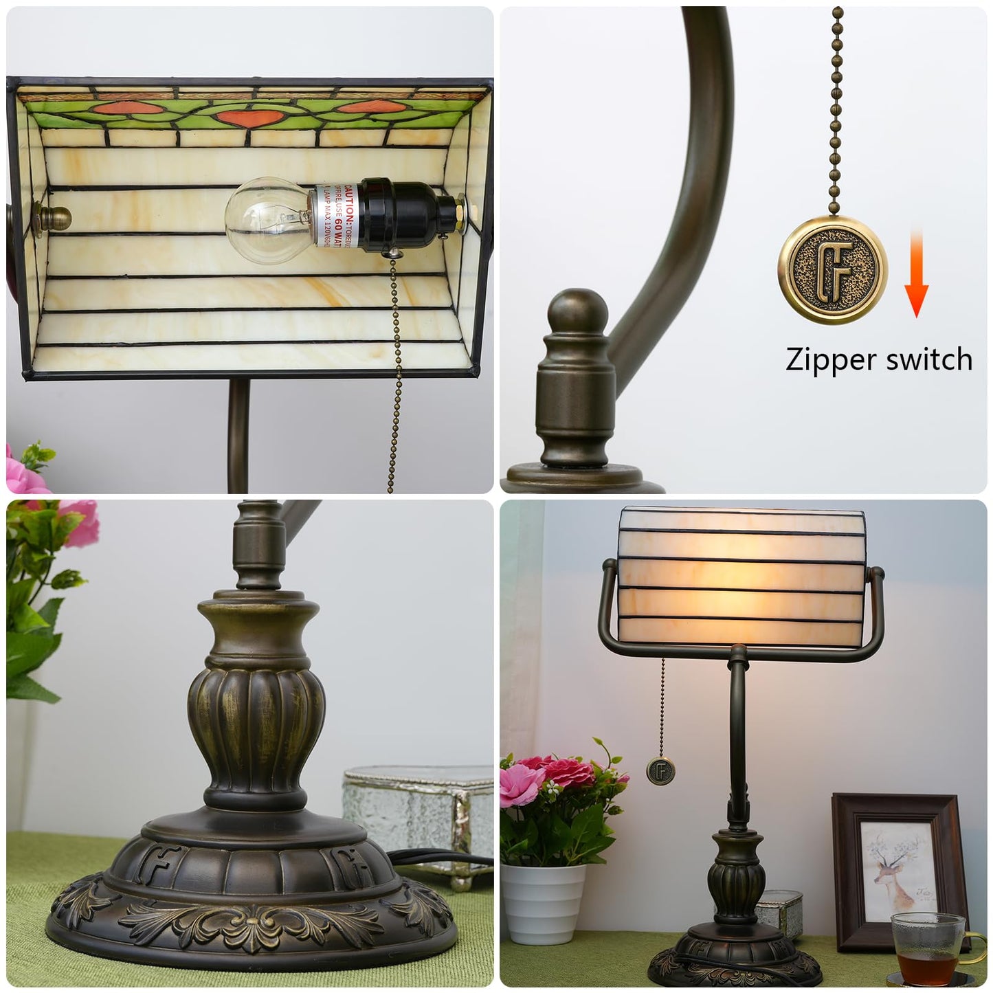 Blivuself Tiffany Style Heart Bankers Table Lamp Stained Glass Vintage Bedroom Bedside Study Pull Chain Reading Desk Lamps Office Nightstand Aesthetic Antique Green Banker'S Lamp Work Light Desklamp