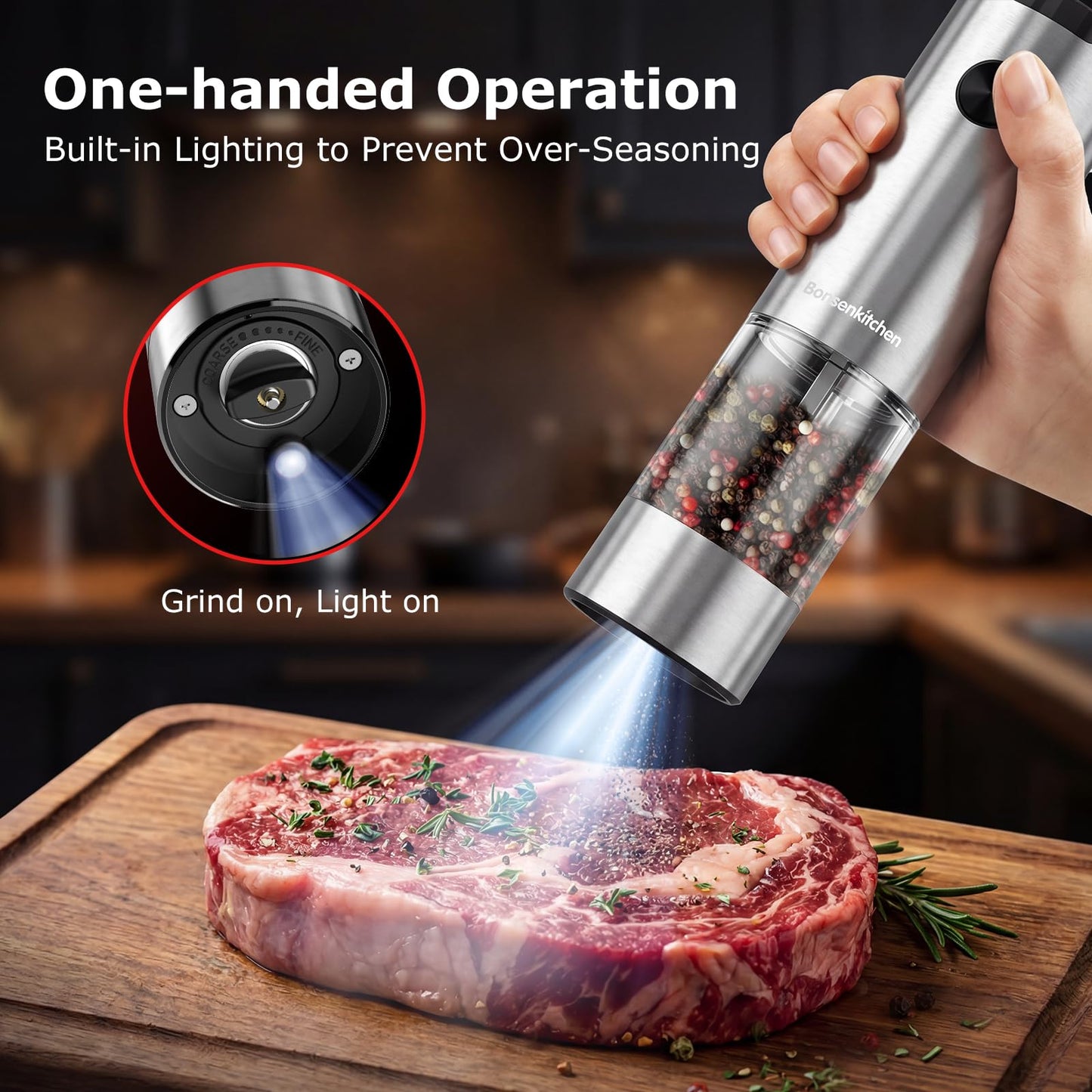 Bonsenkitchen Electric Salt and Pepper Grinder Set, 95ml Large Capacity, Clean Brush, Stainless Steel Adjustable Pepper Mill with LED for Kitchen, BBQ & Camping, Battery Powered (Not Included)