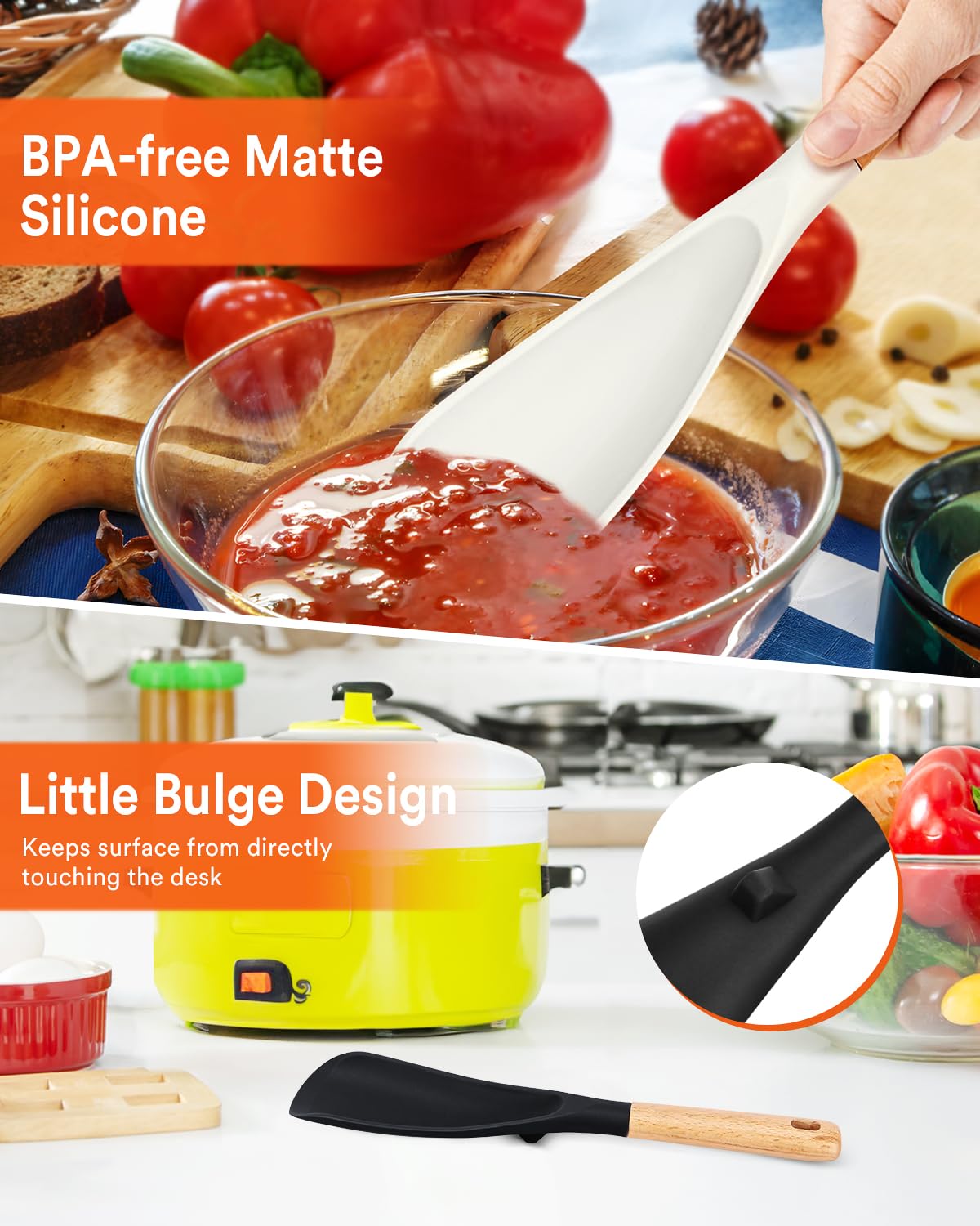 Cooking Spoon for Nonstick Cookwares, Great for Cooking and Serving Sturdy BPA-Free Matte Silicone, Wood Handle Spoon for Mixing, Scoop, and Scrape (Black & White, 11.4 inch)