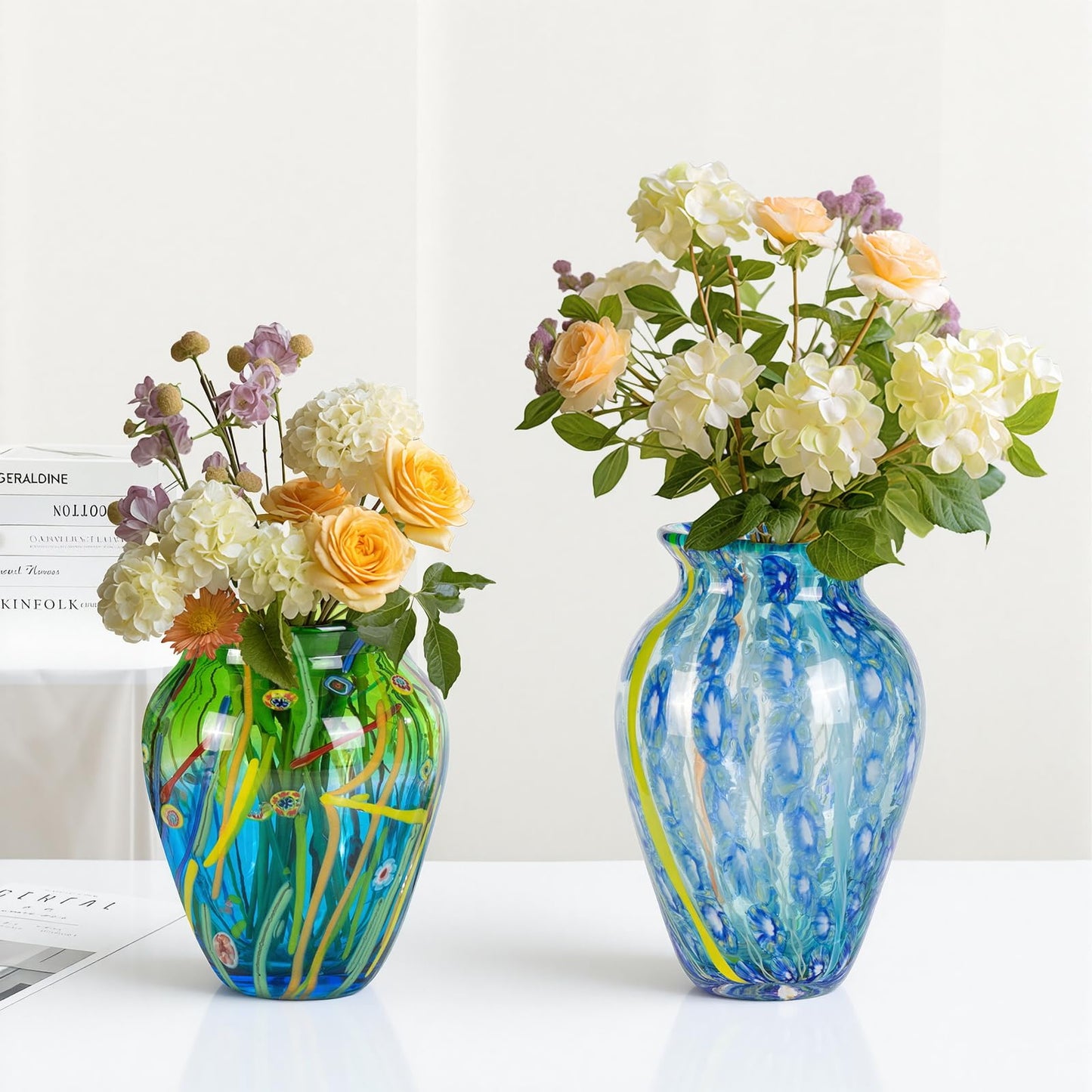 Glass Vases for Flower, Unique Hand Blown Blue Glass Vase, Modern Art Decorative for Home Living Room, Office, Table centerpieces, Bookshelves and Wedding Decorations (JG30)
