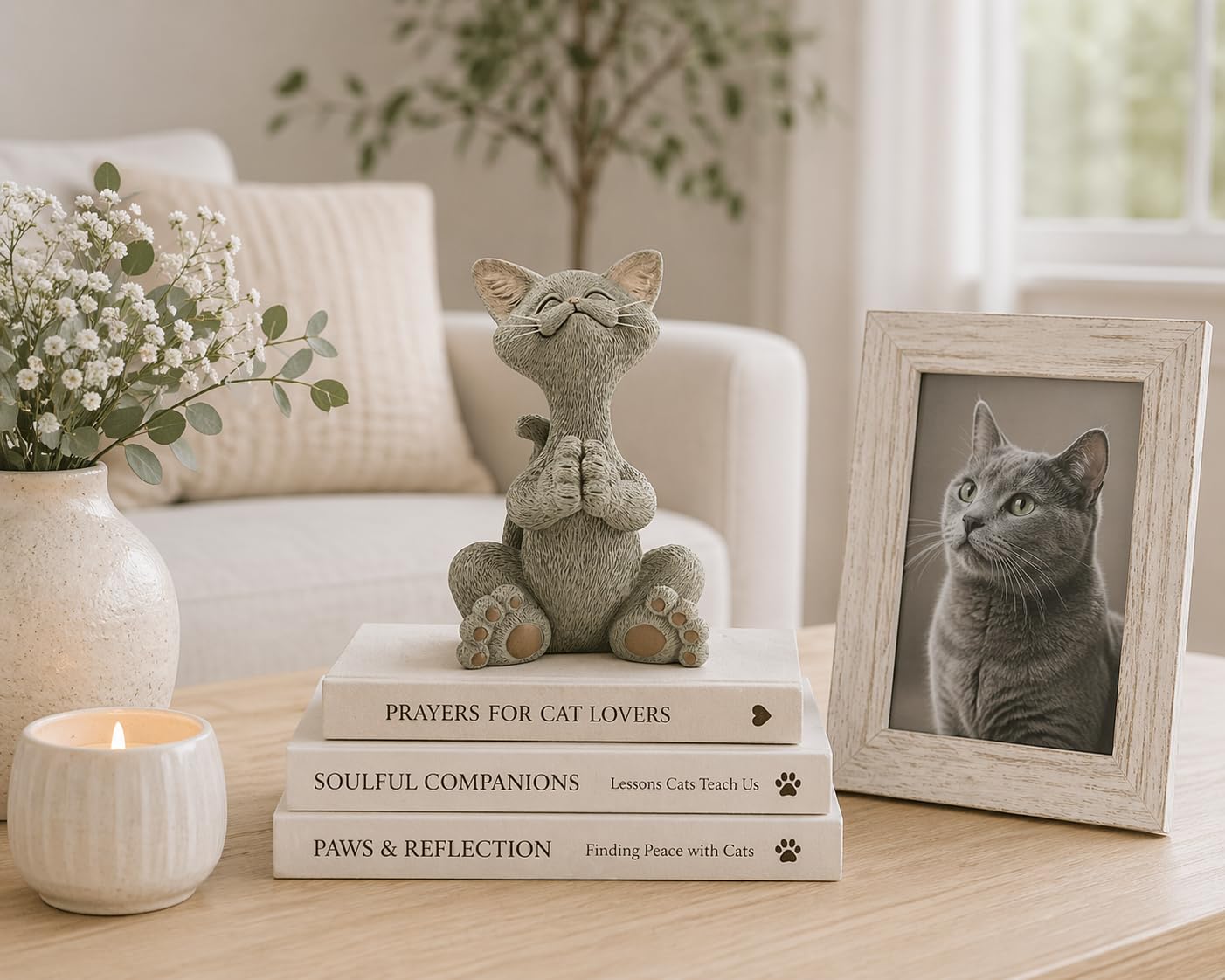 JFSM INC. Whimsical Grey Cat Praying Figurine, Resin Cat Statue, Cat Collectible, Home Decor Accent for Shelves, Mantels, Tables and Cat Lover Gifts