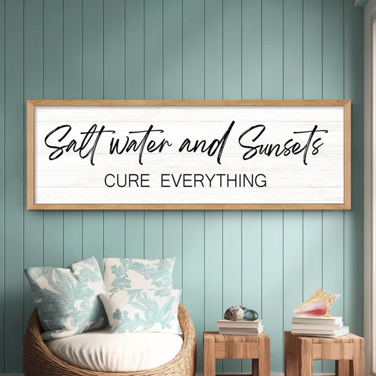 Salt water and Sunsets Sign Wall Decor, 40x15 Inch Framed Lakeside Quote Sign Lake Cabin Decor, Farmhouse Ocean Bedroom Sign Lakehouse Gift Ideas for Beach House Cottage Home (Natural)