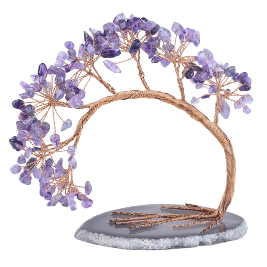 SUNYIK Healing Amethyst Money Tree, Handmade Fengnshui Crystal Bonsai Tree with Agate Slice Base for Wealth Luck, Office Desk Decor, Spiritual Gift, 4.5-5.2 inches